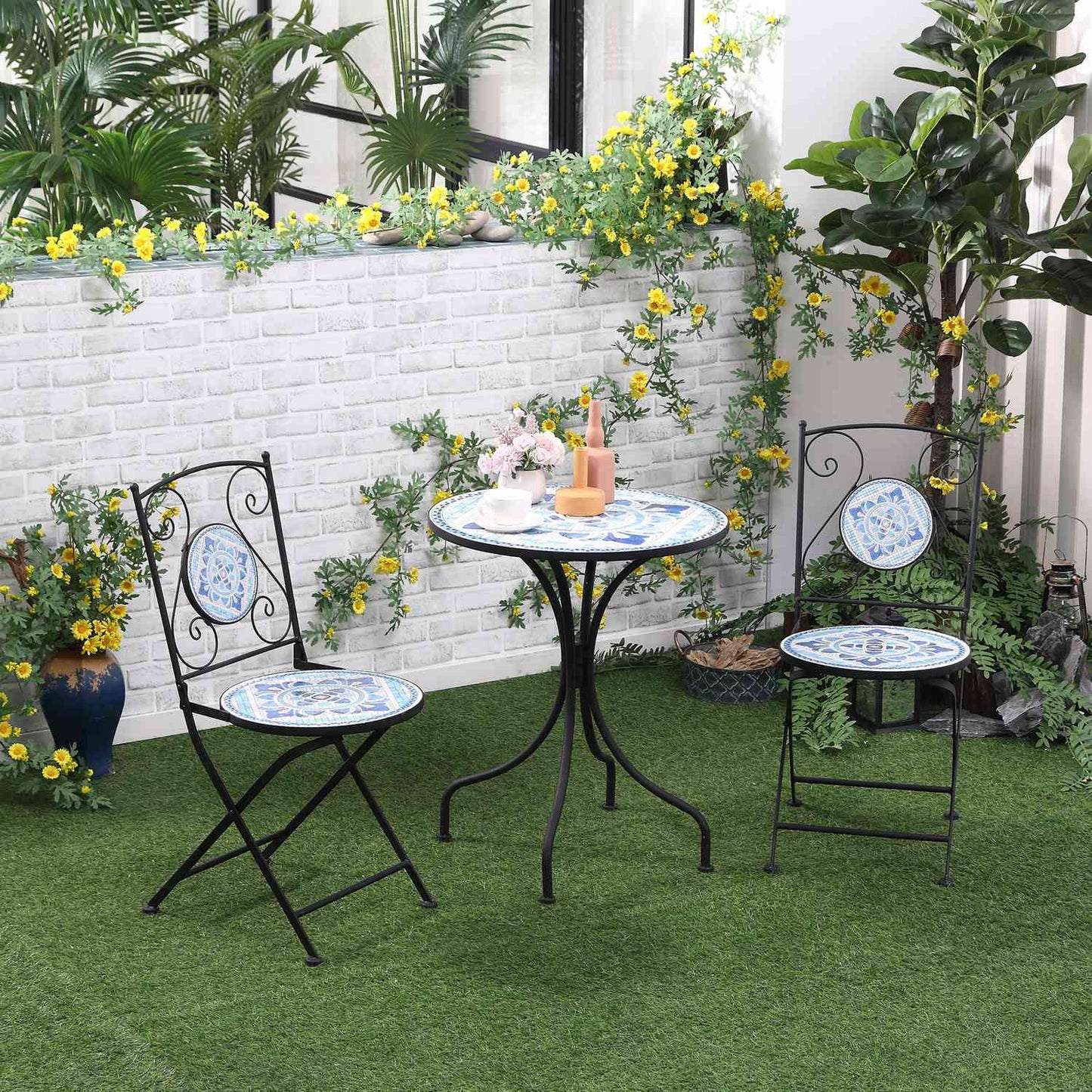 Bistro set for 2: Ø 61 Cm Steel table & folding chairs