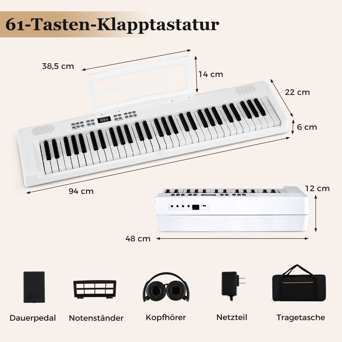 61-Key Foldable Electronic Keyboard with MIDI & Split
