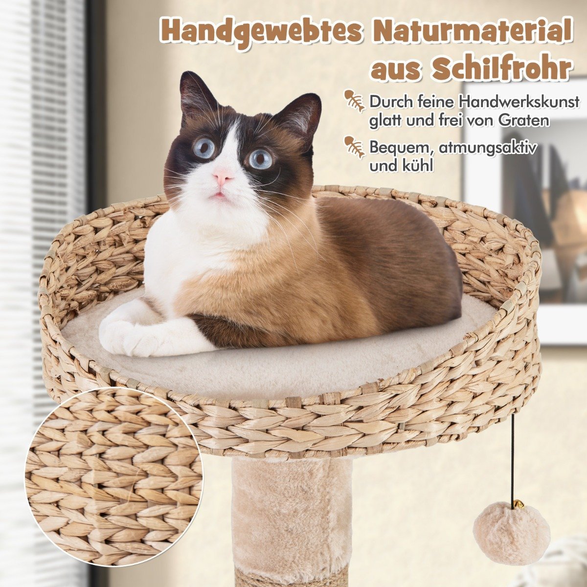 64" Scratching Post with Perch & Cattail Basket Bed 6 Tier Climbing Tree Cat Tree