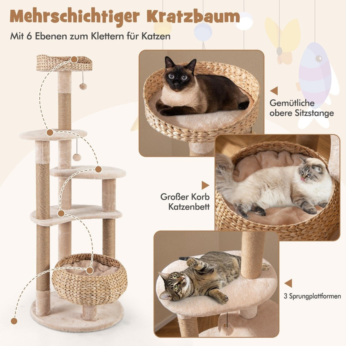 64" Scratching Post with Perch & Cattail Basket Bed 6 Tier Climbing Tree Cat Tree