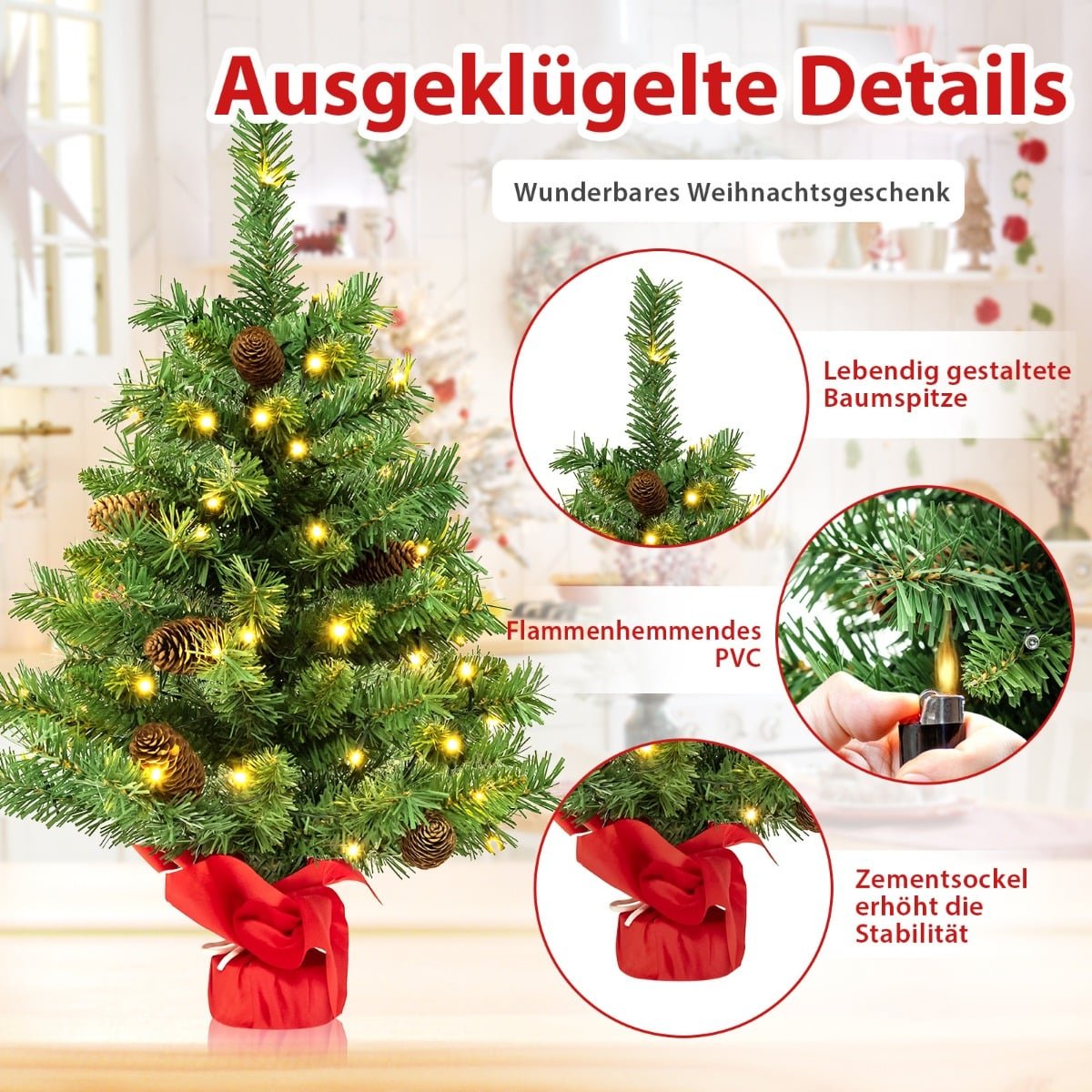64 cm LED Mini Christmas Tree – 50 Lights, Pinecones