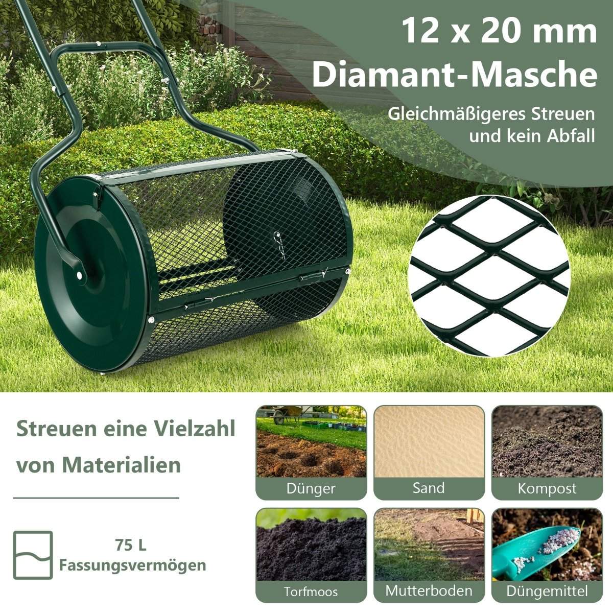 68cm Wide Compost Spreader with Improved Side Bars & U-Shaped Handle Green