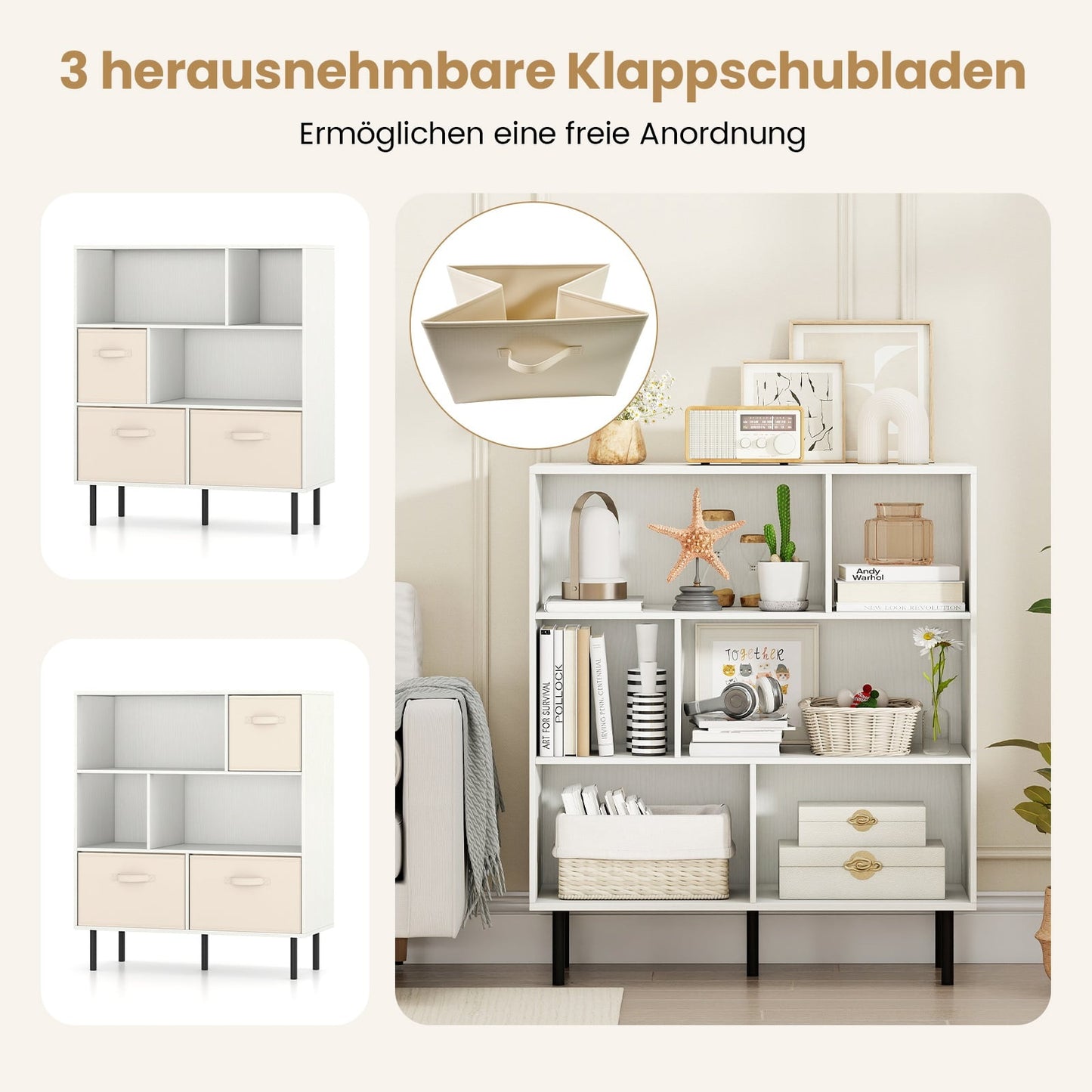 6-Cube Bookshelf with 3 Removable Fabric Drawers, White