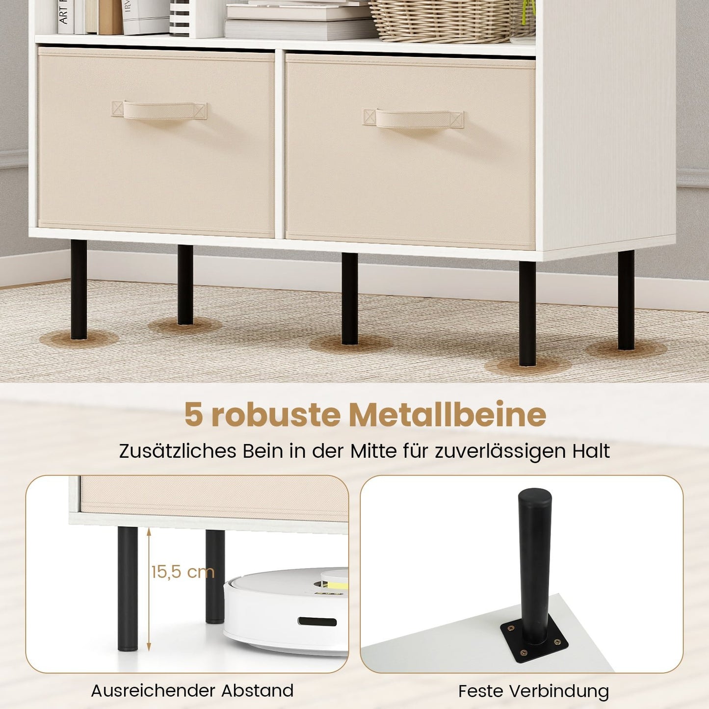 6-Cube Bookshelf with 3 Removable Fabric Drawers, White
