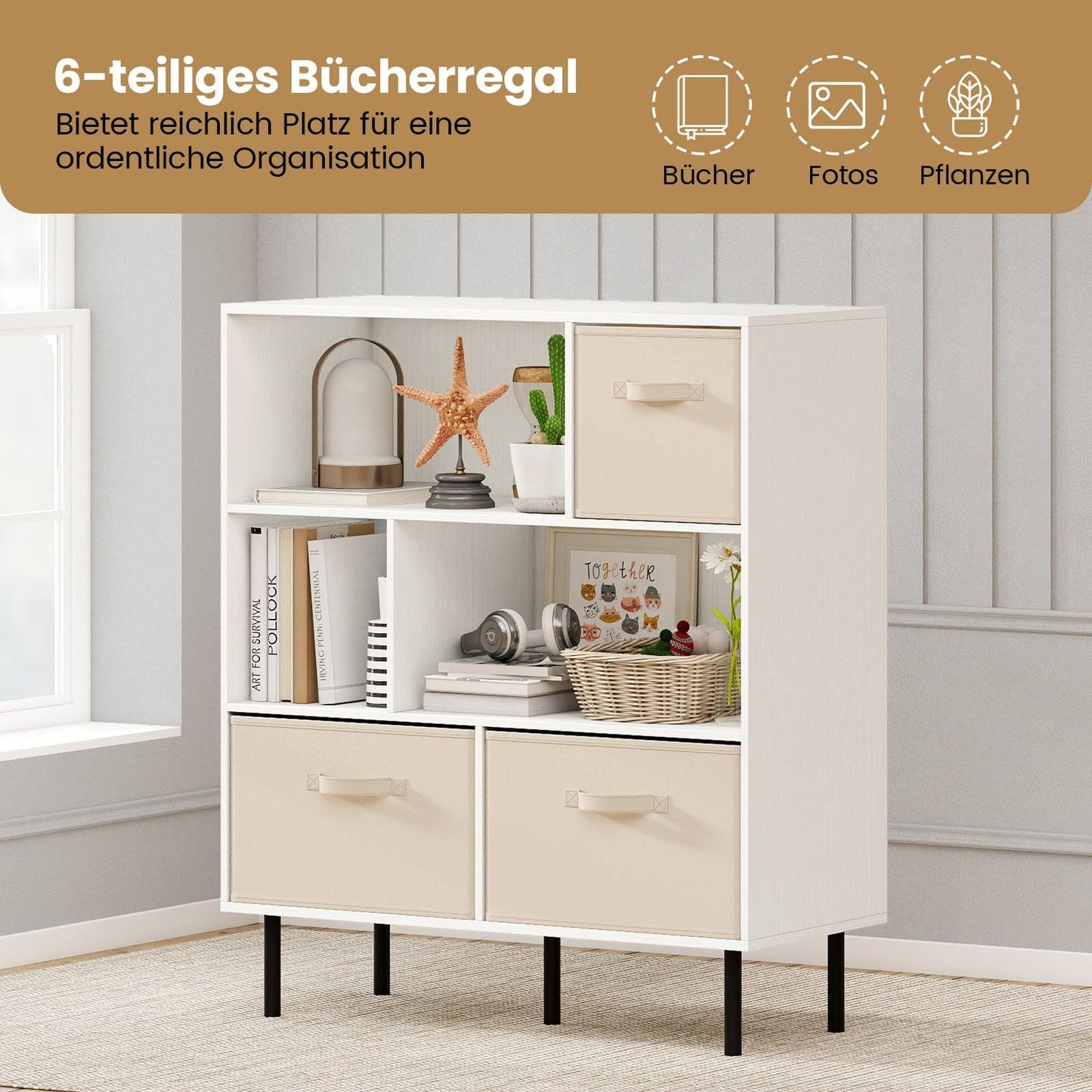 6-Cube Bookshelf with 3 Removable Fabric Drawers, White