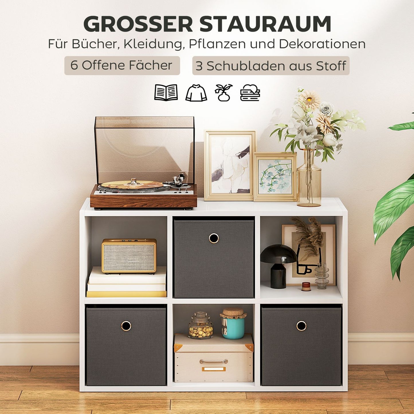 6-Cube Storage Shelf with 3 Fabric Drawers, Grey