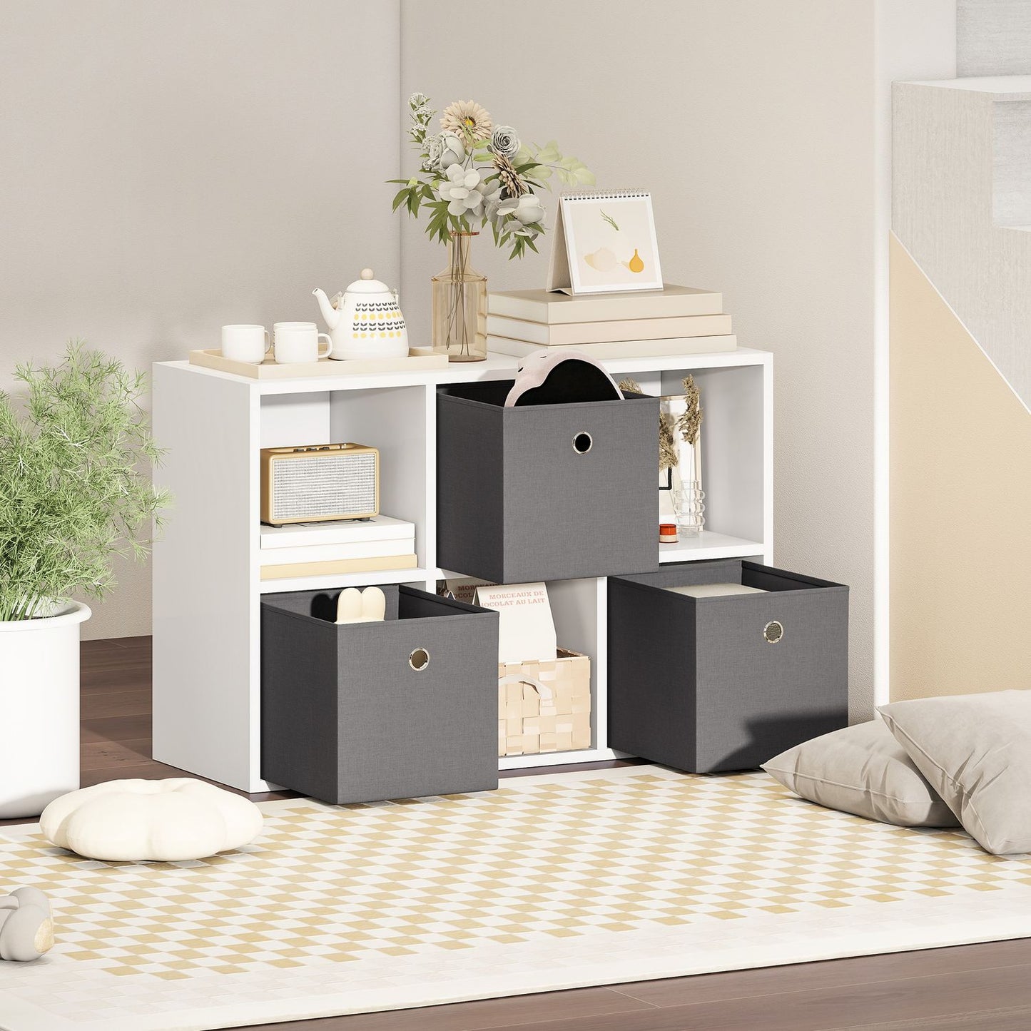 6-Cube Storage Shelf with 3 Fabric Drawers, Grey