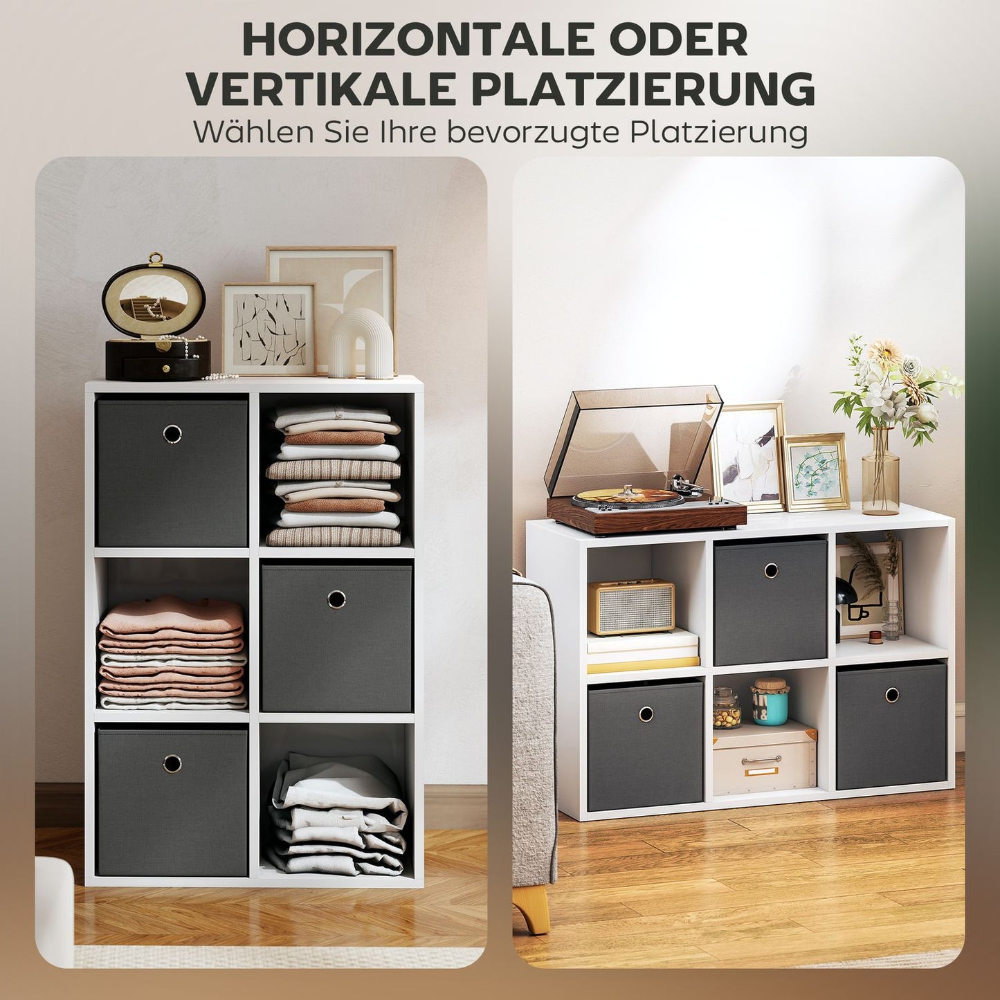 6-Cube Storage Shelf with 3 Fabric Drawers, Grey