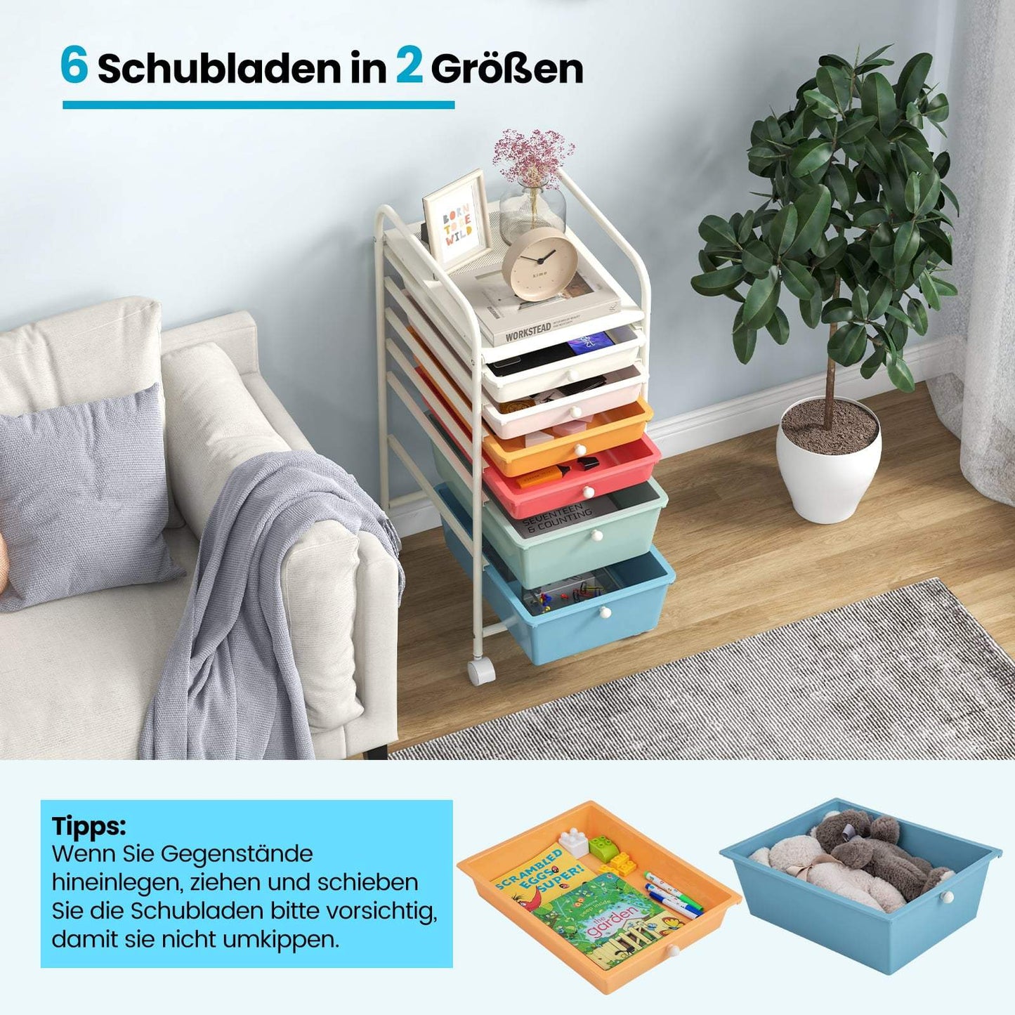 6-Drawer Rolling Cart with Metal Frame, Colorful Storage