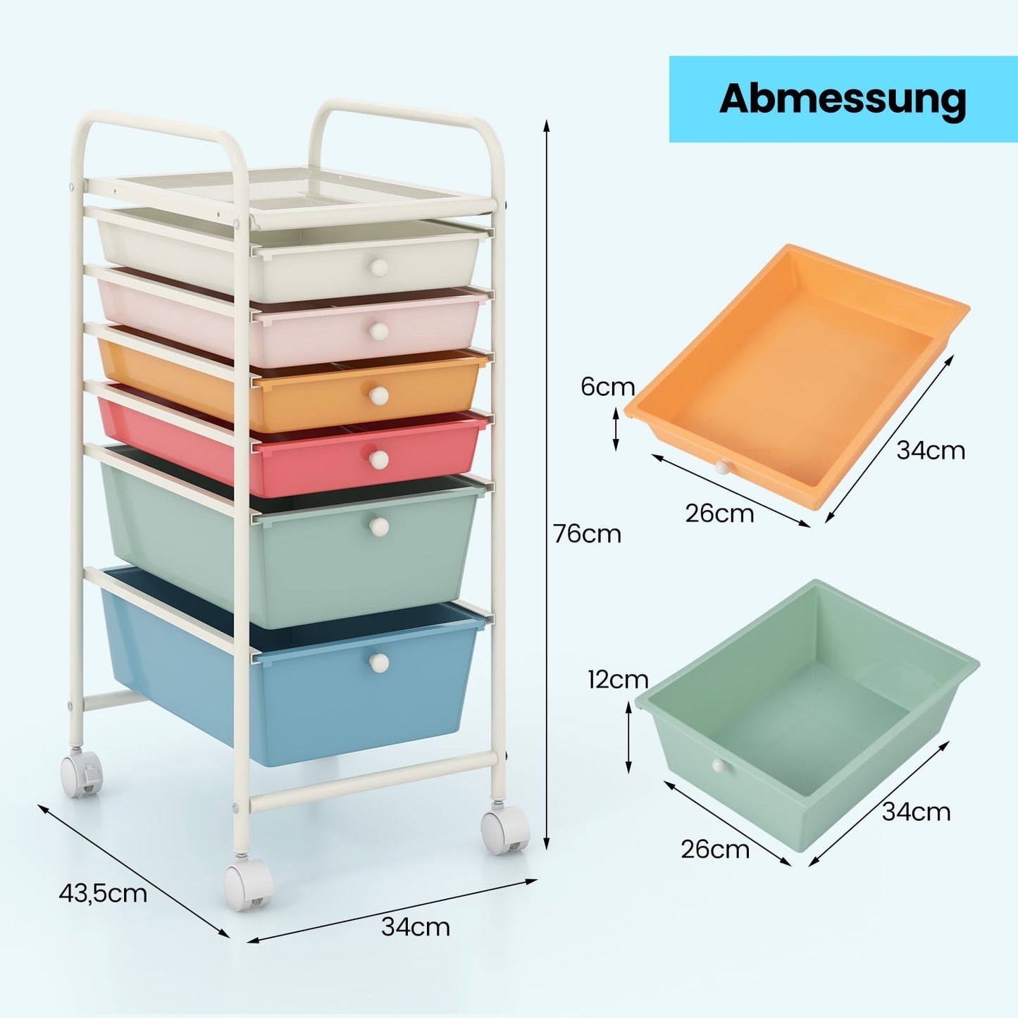 6-Drawer Rolling Cart with Metal Frame, Colorful Storage