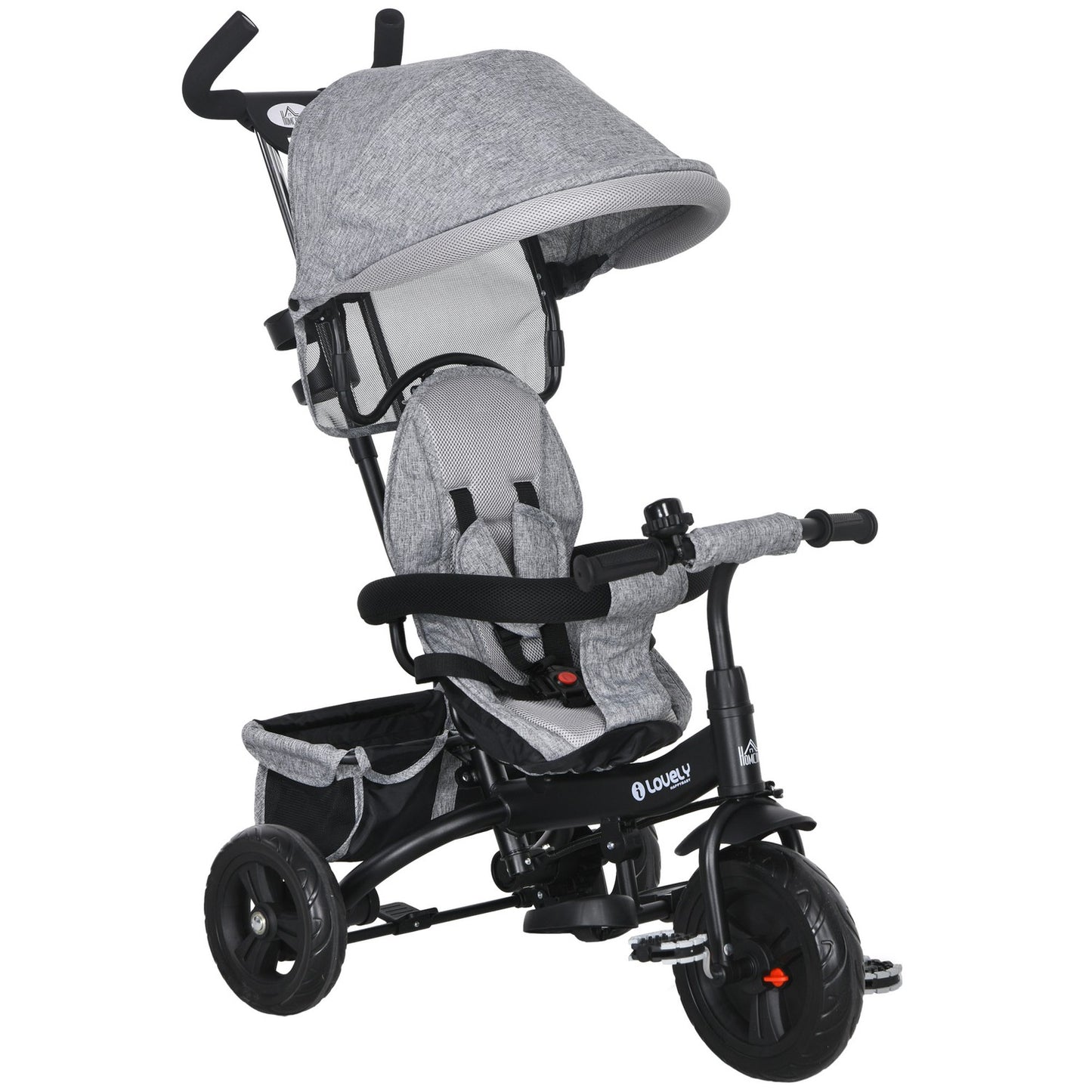 6-in-1 tricycle for children, sun protection and safety belt, gray
