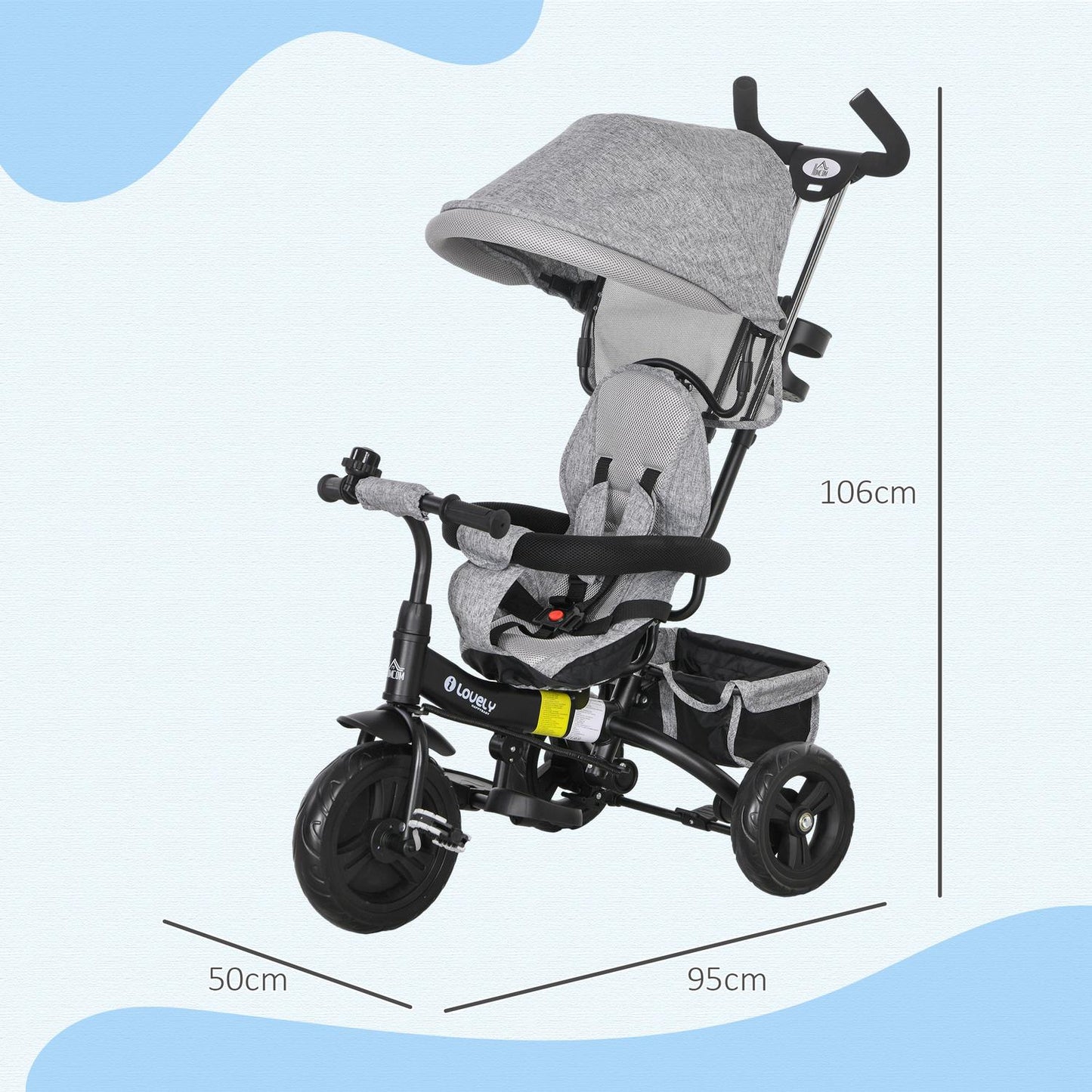 6-in-1 tricycle for children, sun protection and safety belt, gray