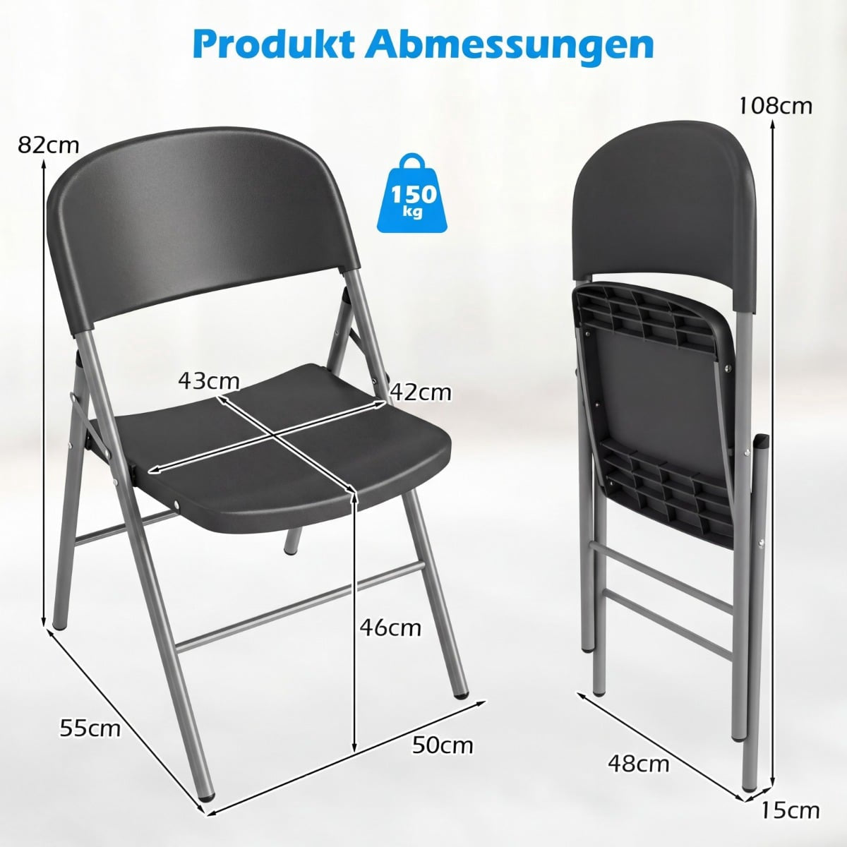 6-Pack Folding Chairs, Metal & Plastic, 150kg Capacity, Grey
