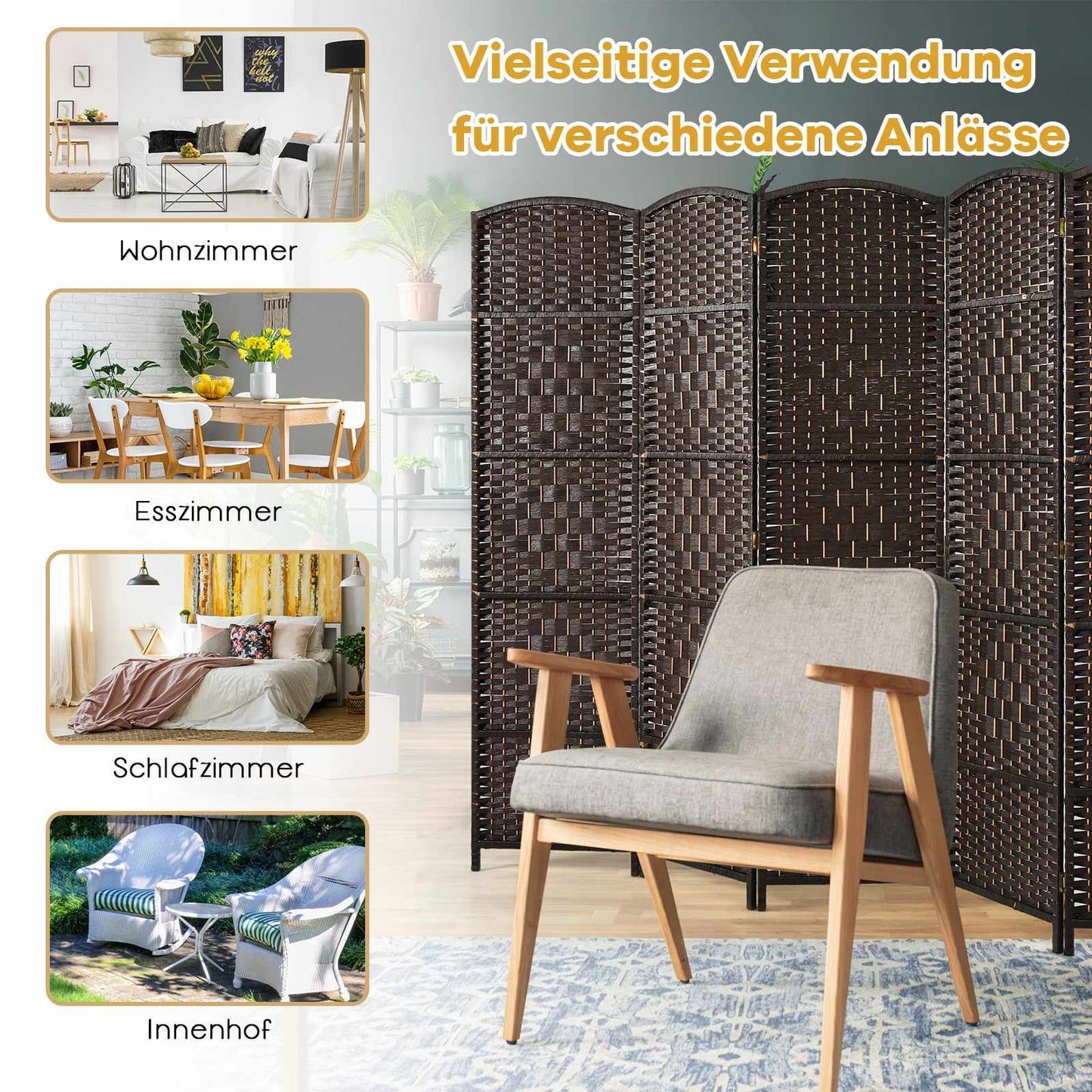 6-Panel Brown Room Divider, Paper & Poplar Wood Frame