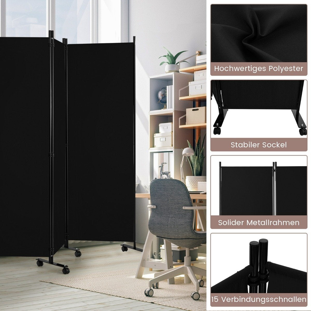 6-Panel Folding Room Divider with Lockable Wheels, 172cm