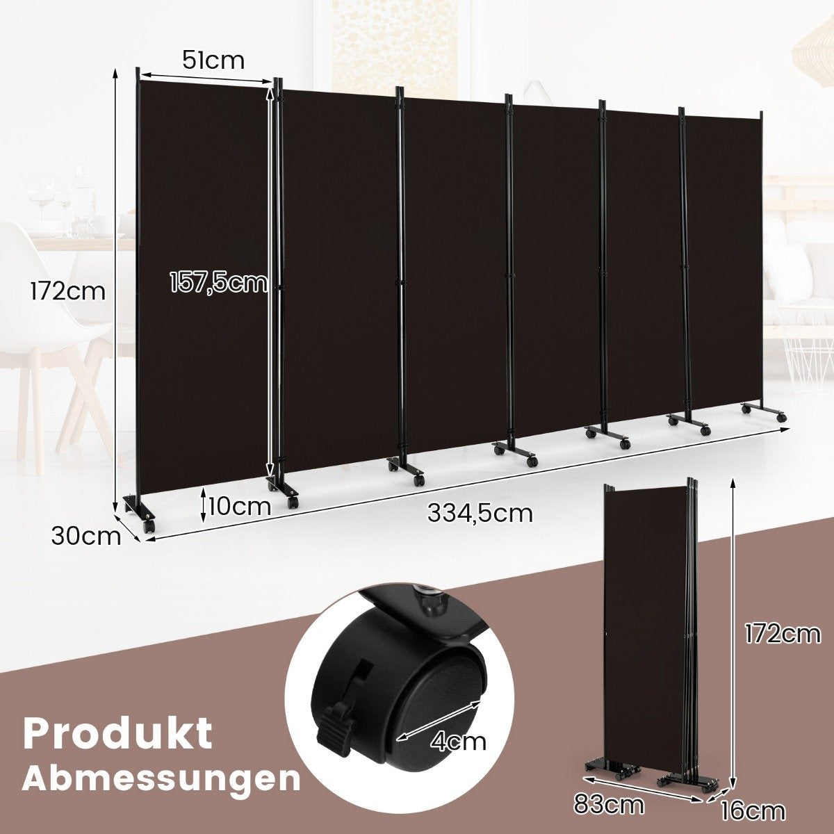 6-Panel Folding Room Divider with Lockable Wheels, Brown