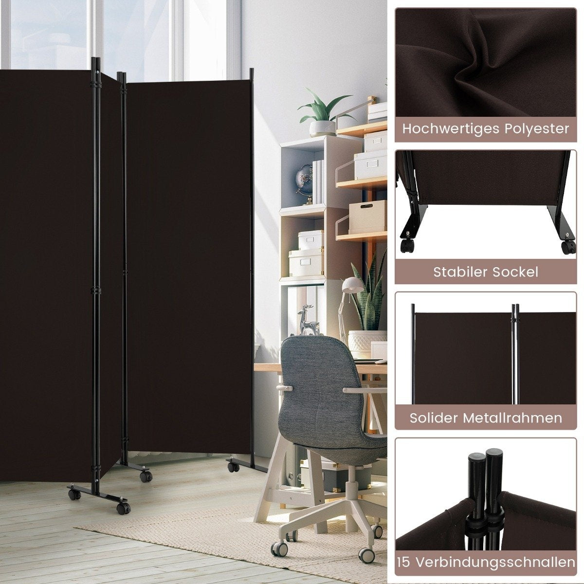 6-Panel Folding Room Divider with Lockable Wheels, Brown