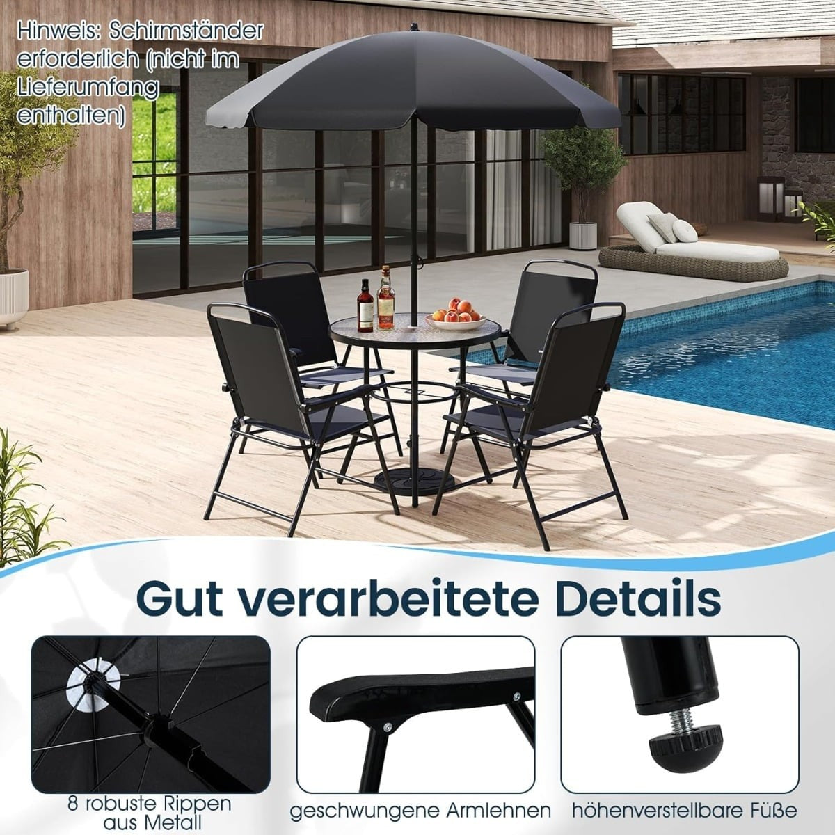 6-Piece Outdoor Dining Set with Umbrella & Folding Chairs