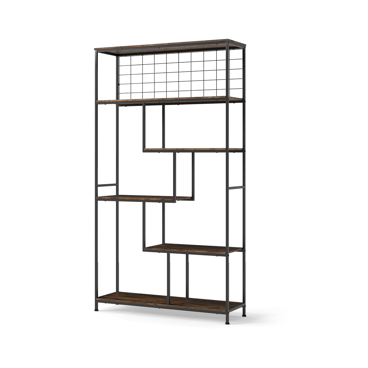 6-Tier Freestanding Bookshelf with Metal Grid, Rustic Brown