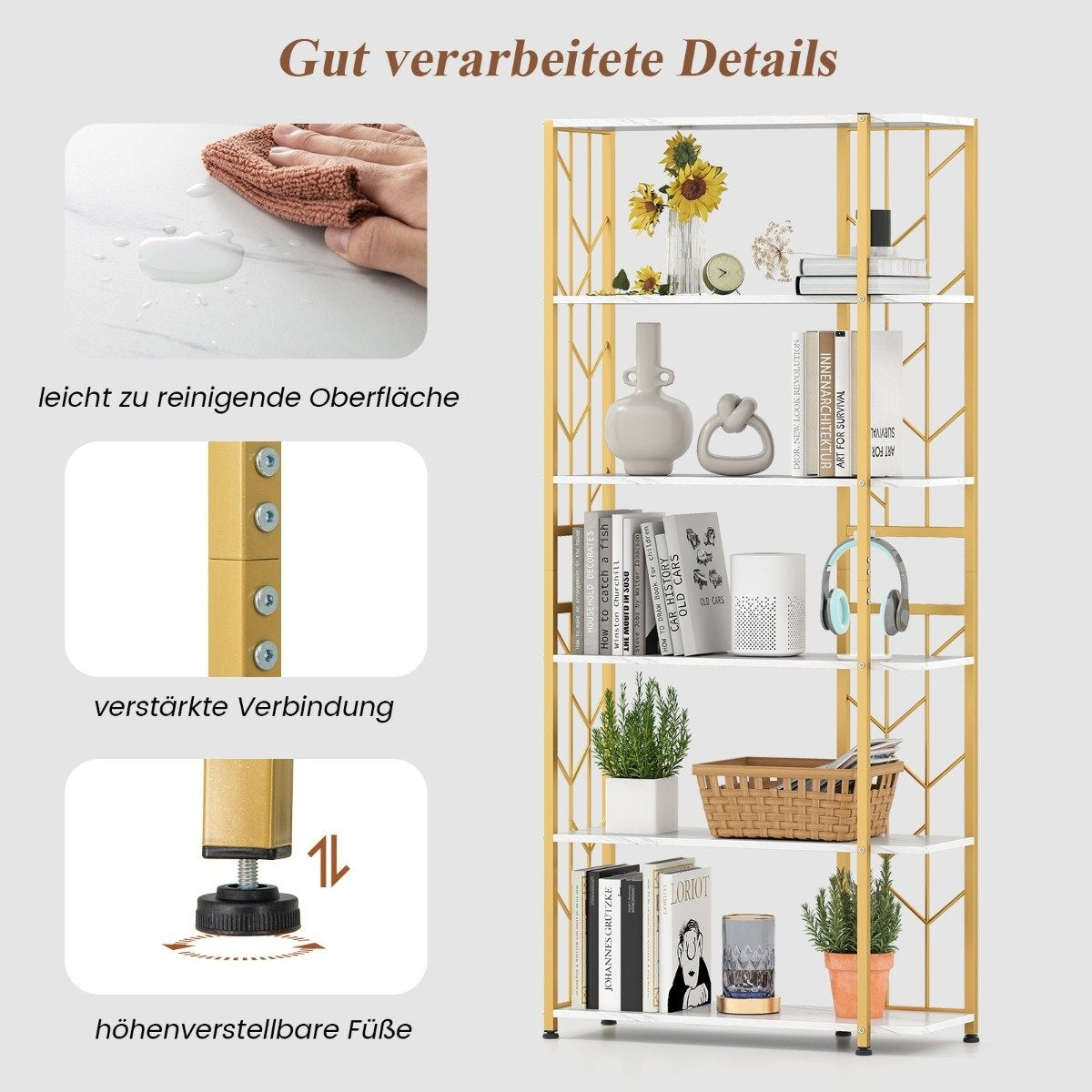 6-Tier Geometric Metal Bookshelf, 80x31x180 cm, White