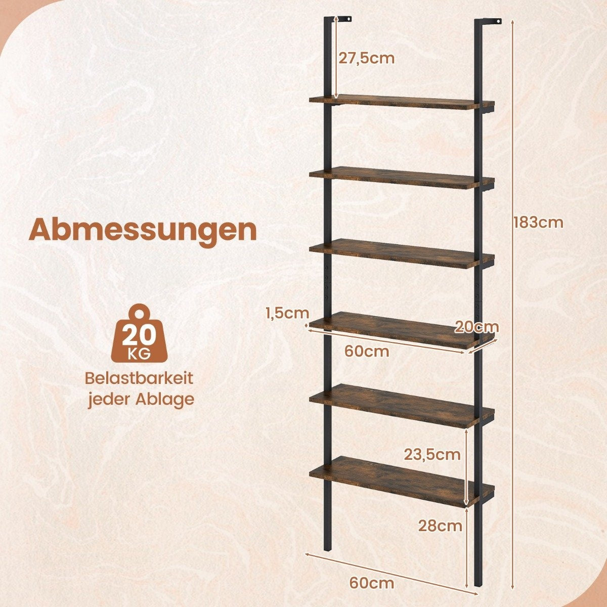 6 Tier Ladder Shelf Wall Mounted Bookcase with Metal Frame Rustic Brown