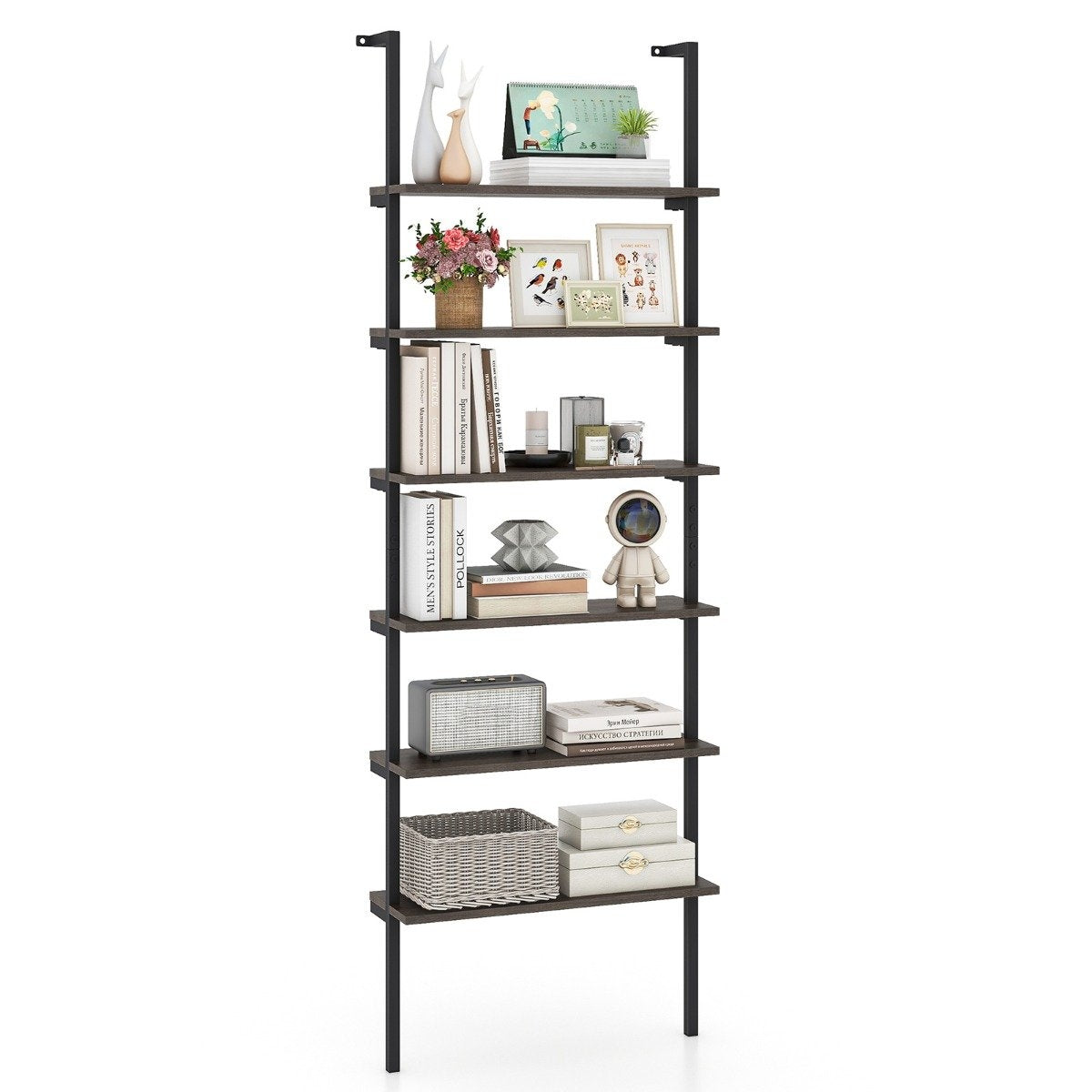6 Tier Ladder Shelf Wall Mounted Bookcase with Metal Frame Rustic Gray