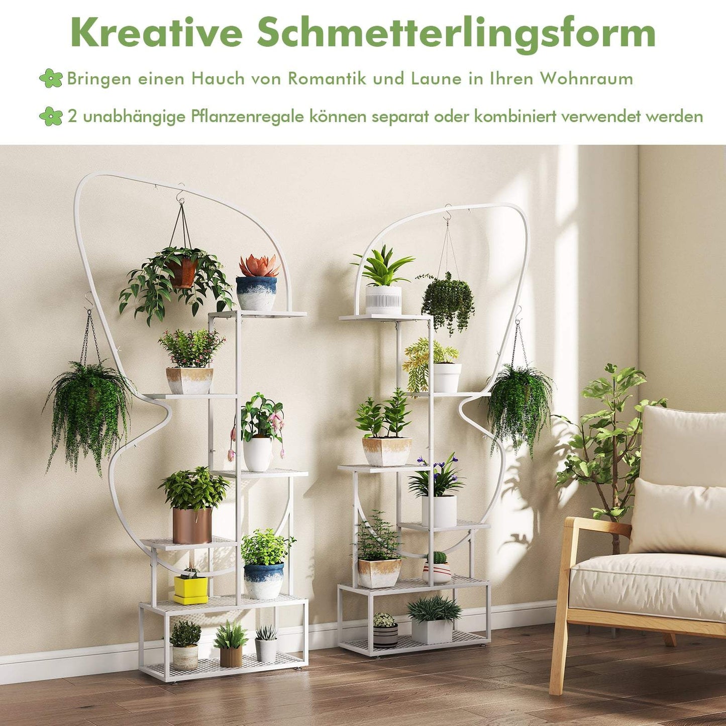 6-Tier Metal Butterfly Plant Stand with Hooks, White