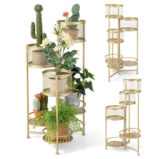 6 Tier Metal Plant Stand with Rotating Design Flower Stairs Flower Pot Holder Gold