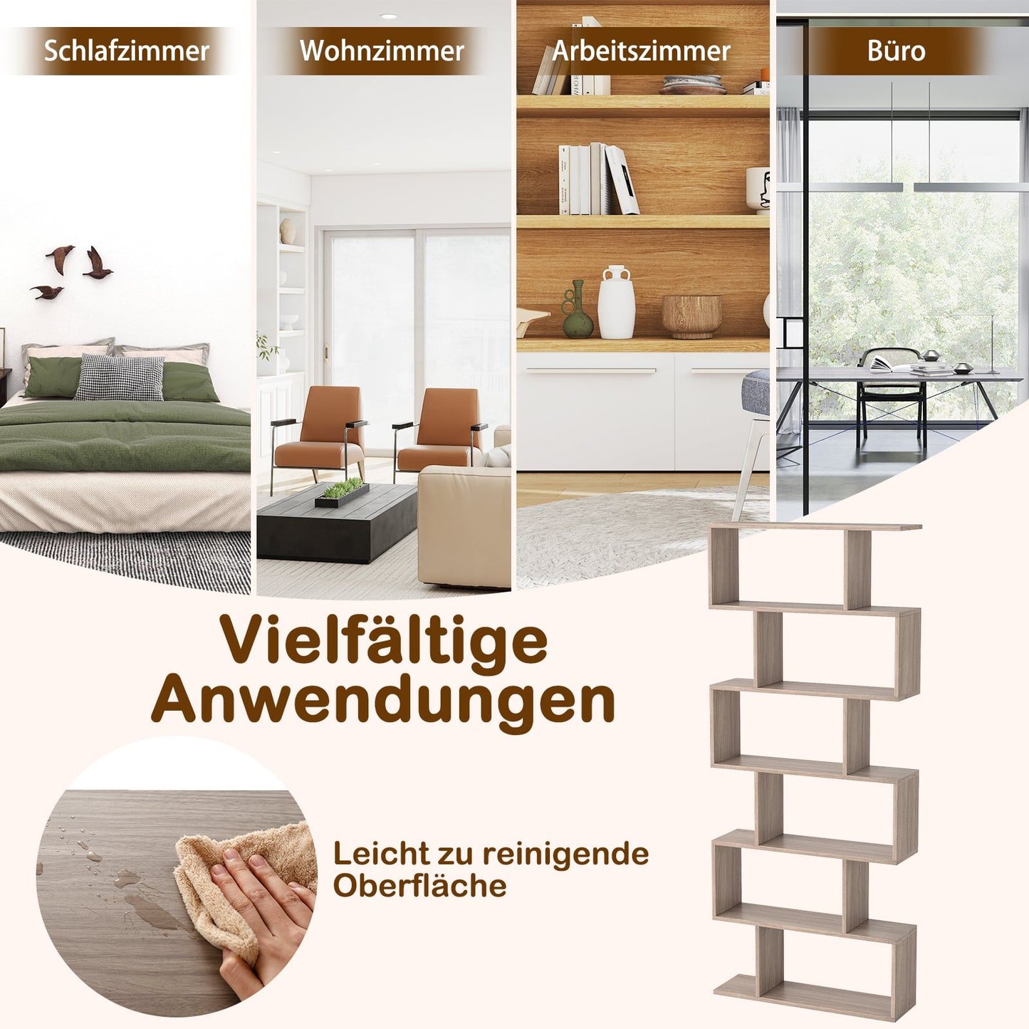 6-Tier S-Shape Bookshelf, Grey, 80x23x191 cm