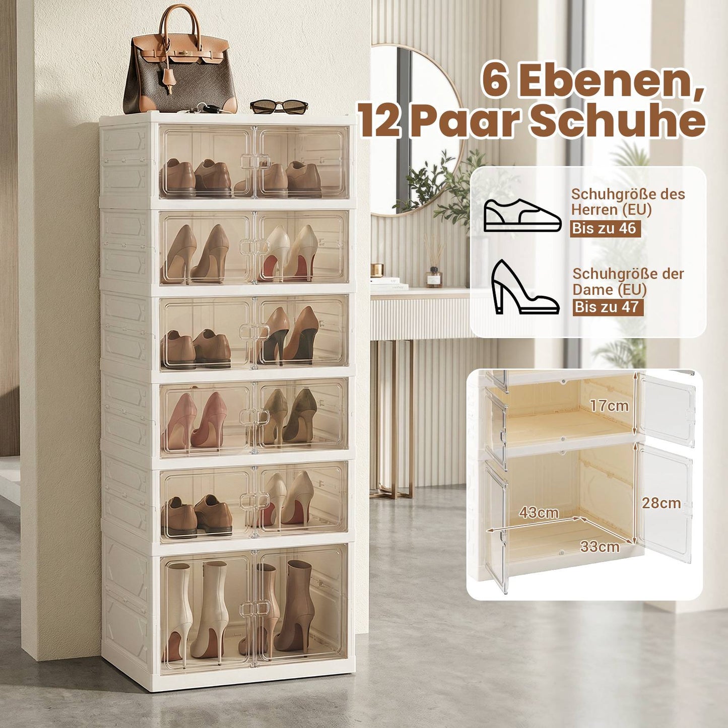 6-Tier Shoe Cabinet for 12 Pairs with Magnetic Doors