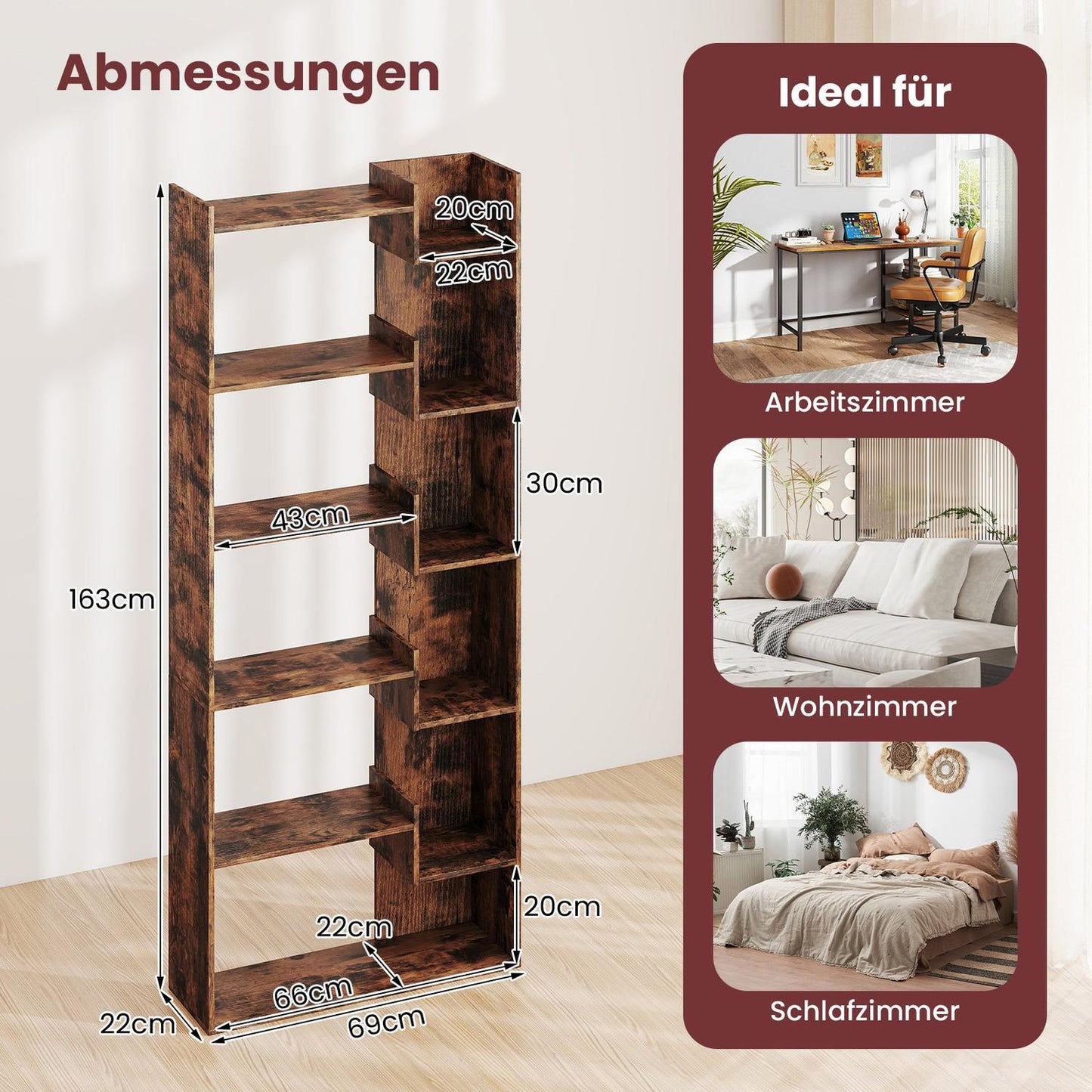 6-Tier Wooden Bookshelf with 11 Shelves, 163 cm