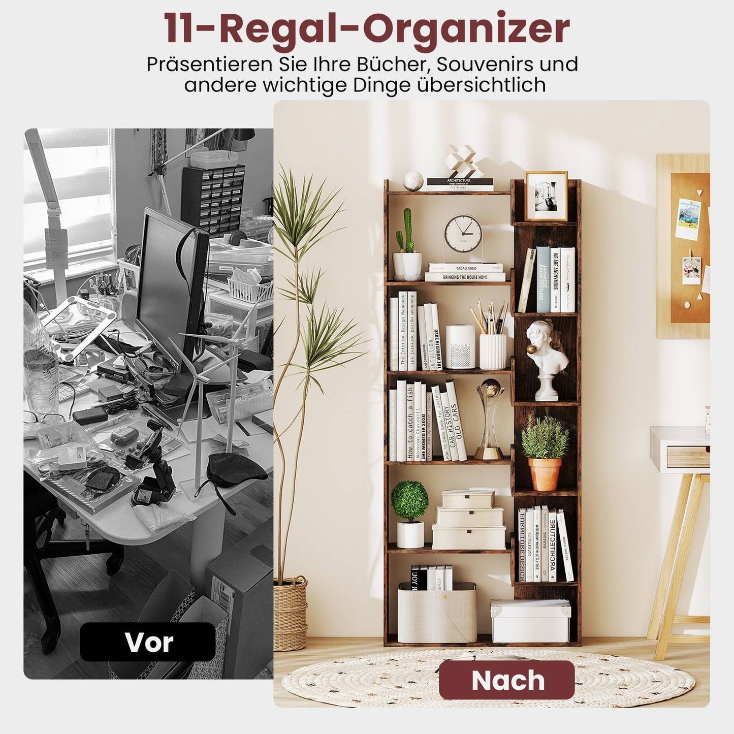 6-Tier Wooden Bookshelf with 11 Shelves, 163 cm