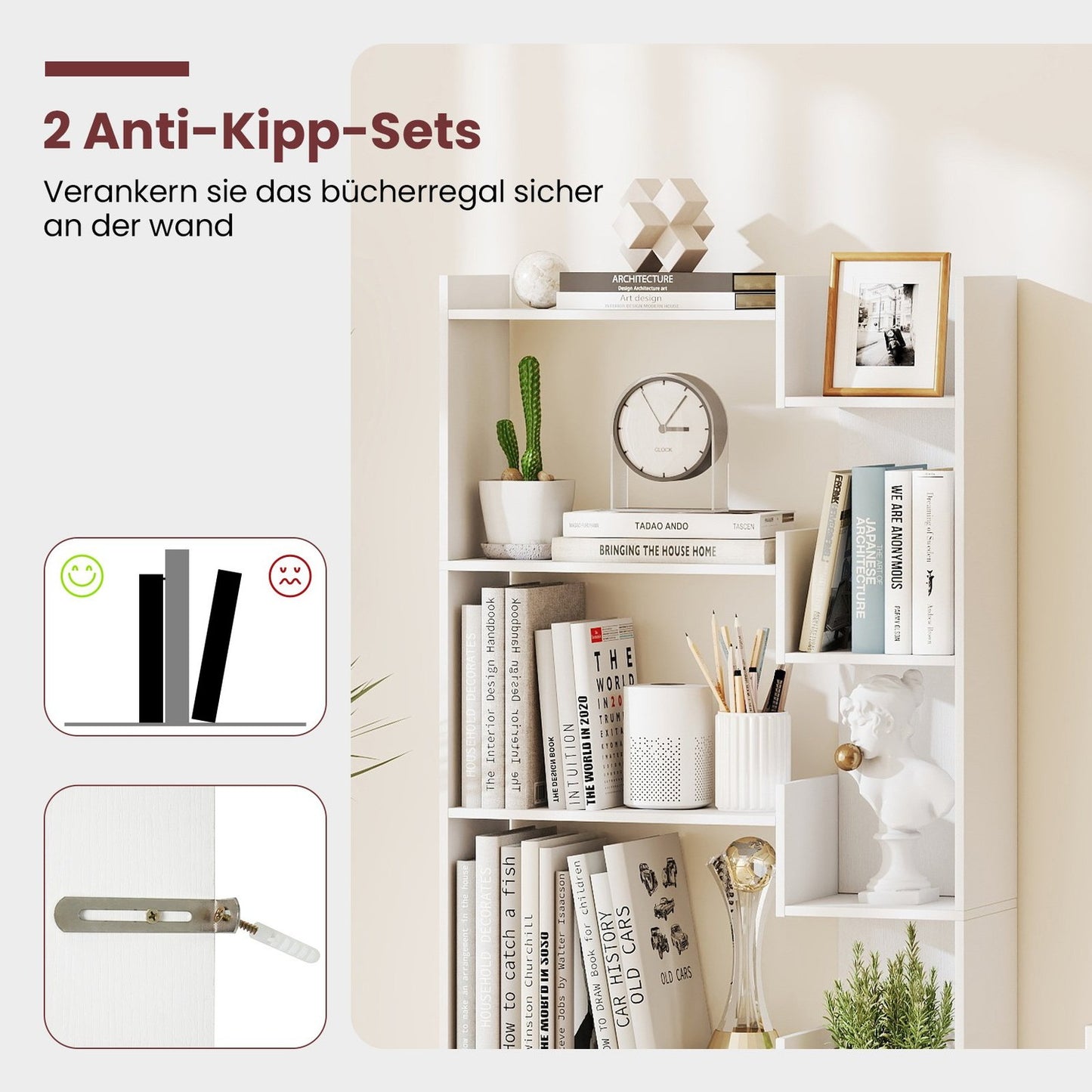 6-Tier Wooden Bookshelf with 11 Shelves, 163 cm, White