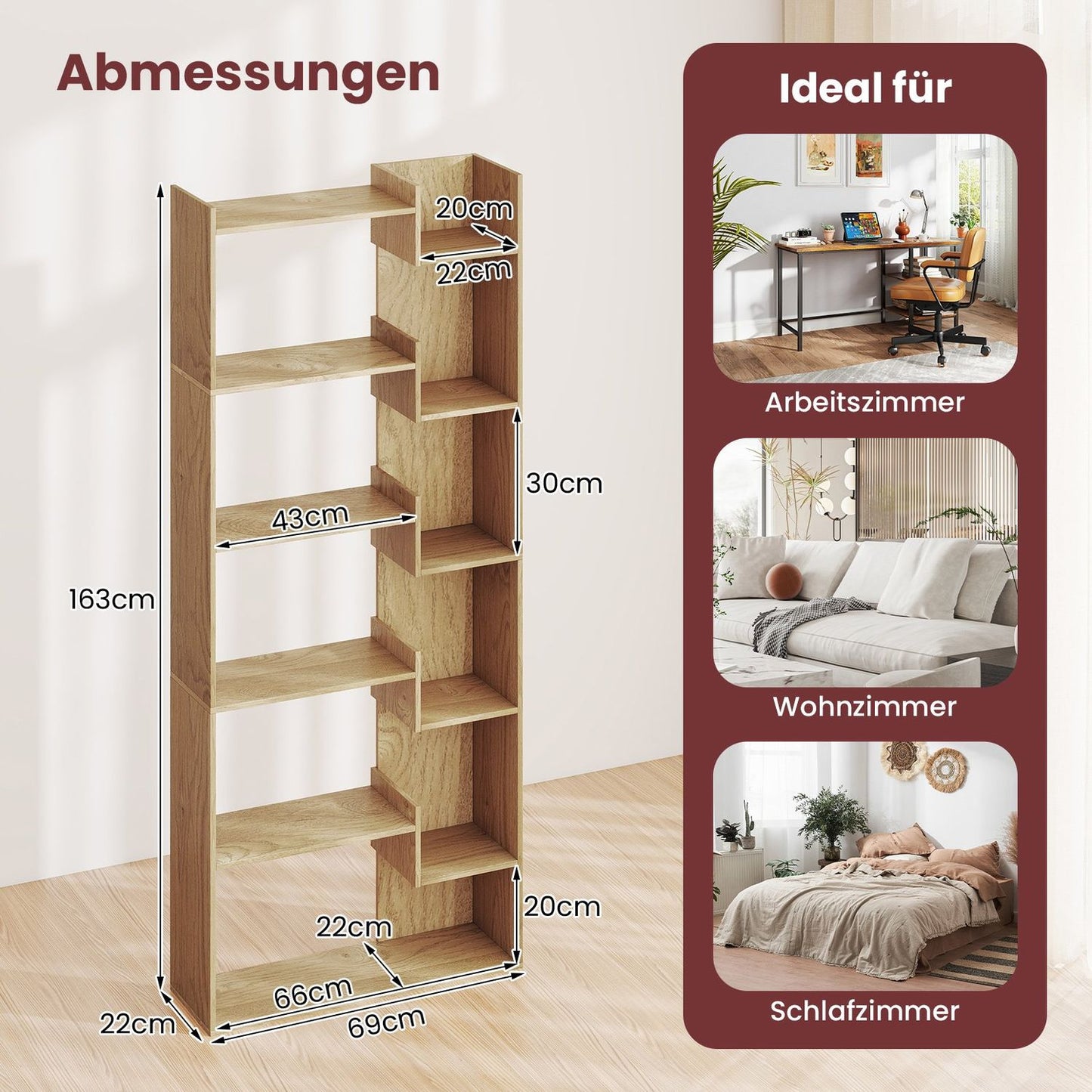 6-Tier Wooden Bookshelf with 11 Shelves, 69x22x163 cm