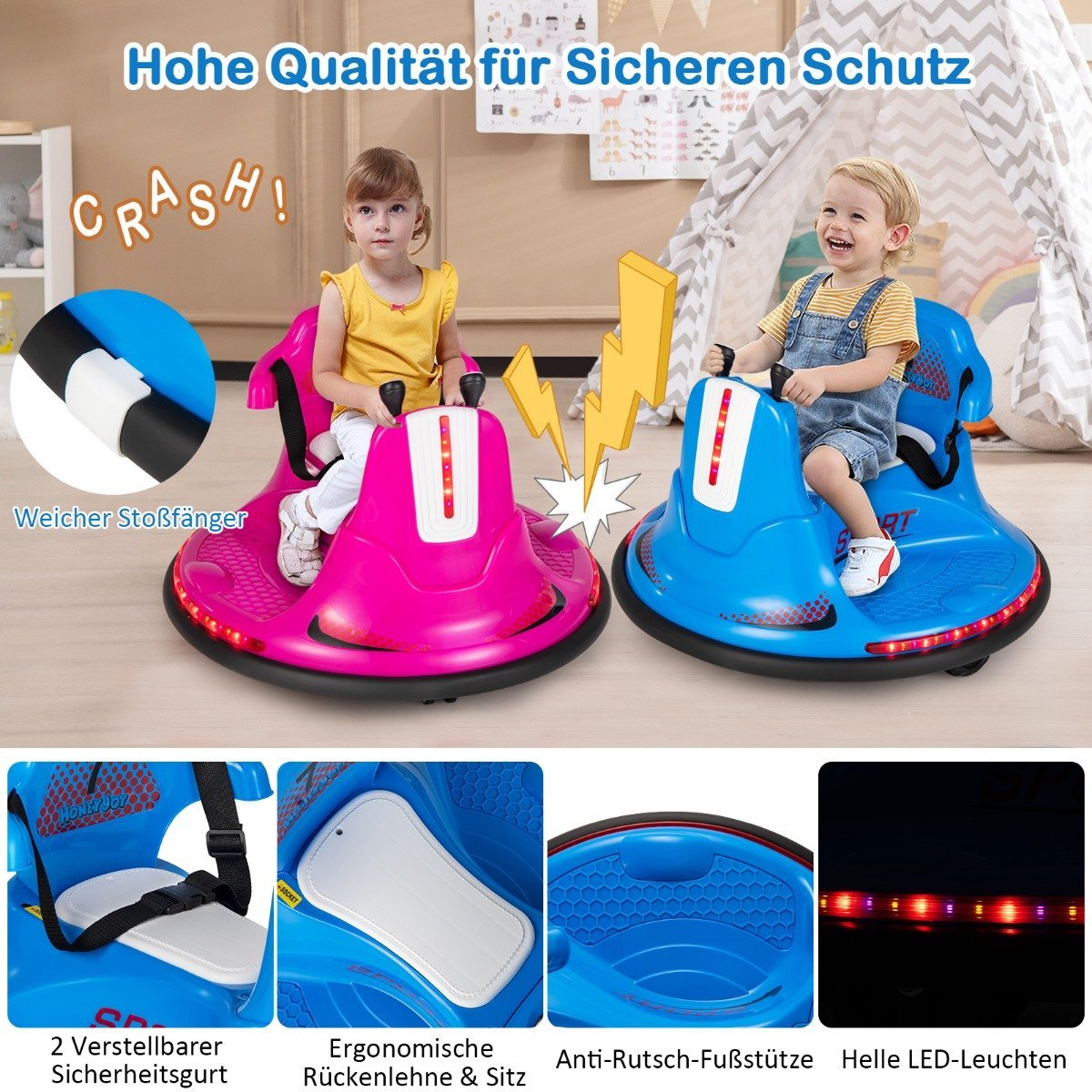 6V Children's Bumper Car 360 Degree Rotation with Music & Colorful LED Lights Blue