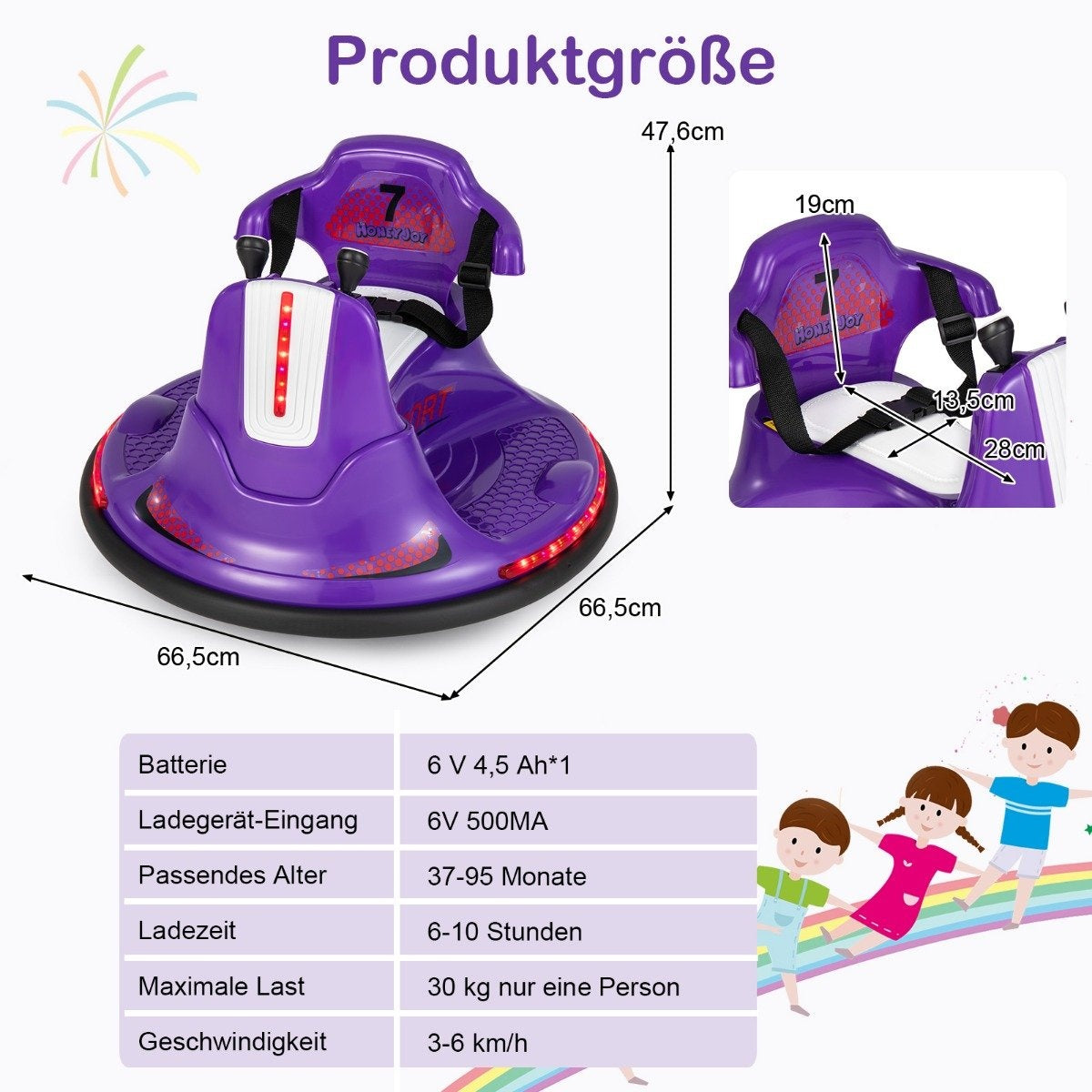 6V Children's Bumper Car 360 Degree Rotation with Music & Colorful LED Lights Purple