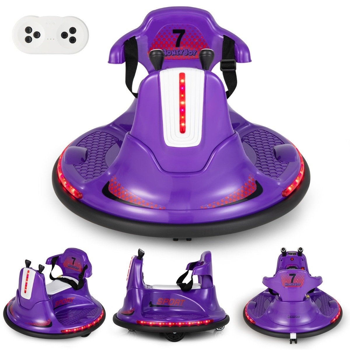 6V Children's Bumper Car 360 Degree Rotation with Music & Colorful LED Lights Purple
