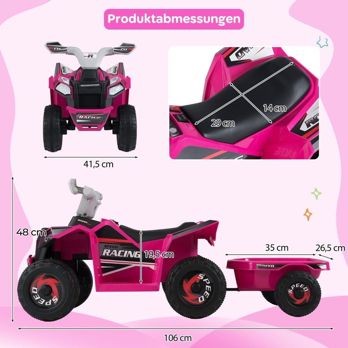 6V Kids Electric ATV with Trailer, Pink, Ages 3+