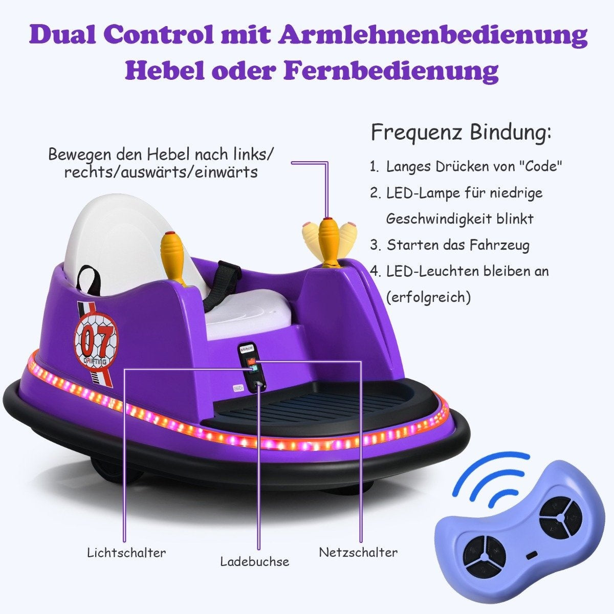 6V Kids Electric Bumper Car with Lights & Music, Purple