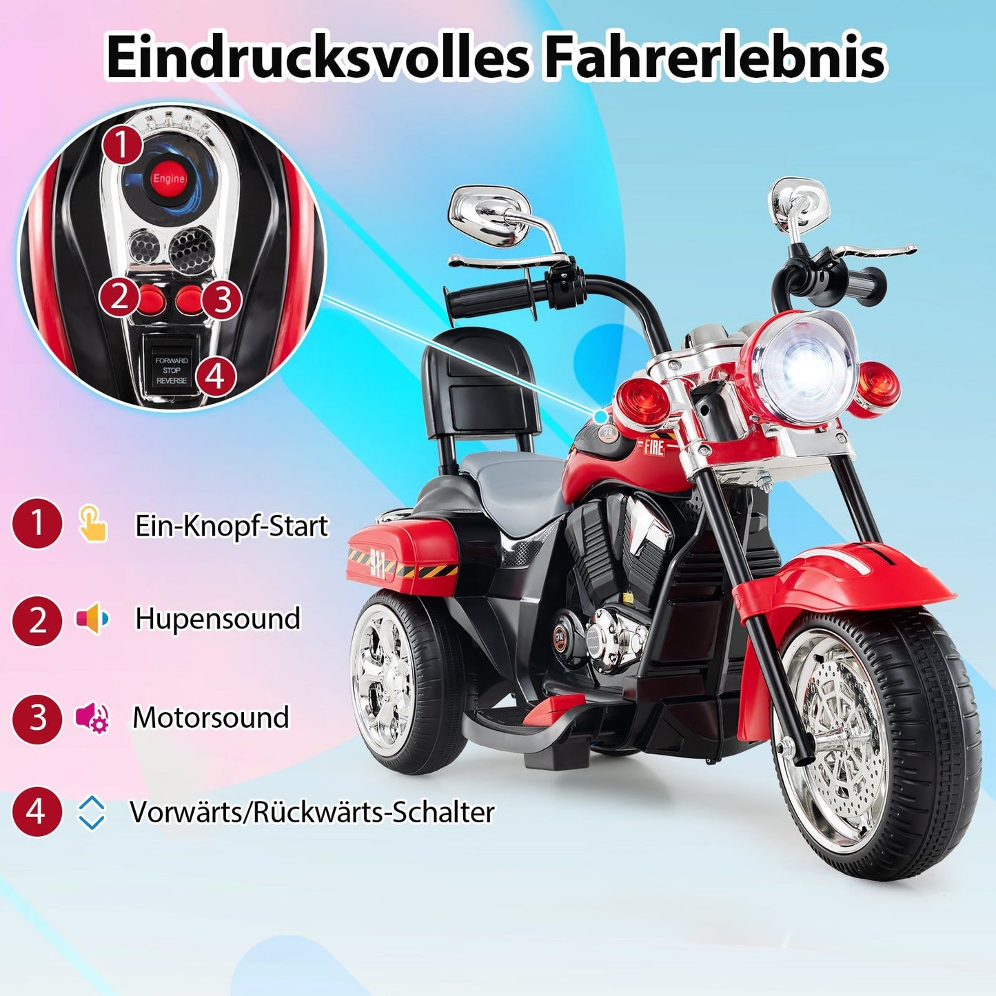 6V Kids Electric Motorcycle with Lights & Sound, Red
