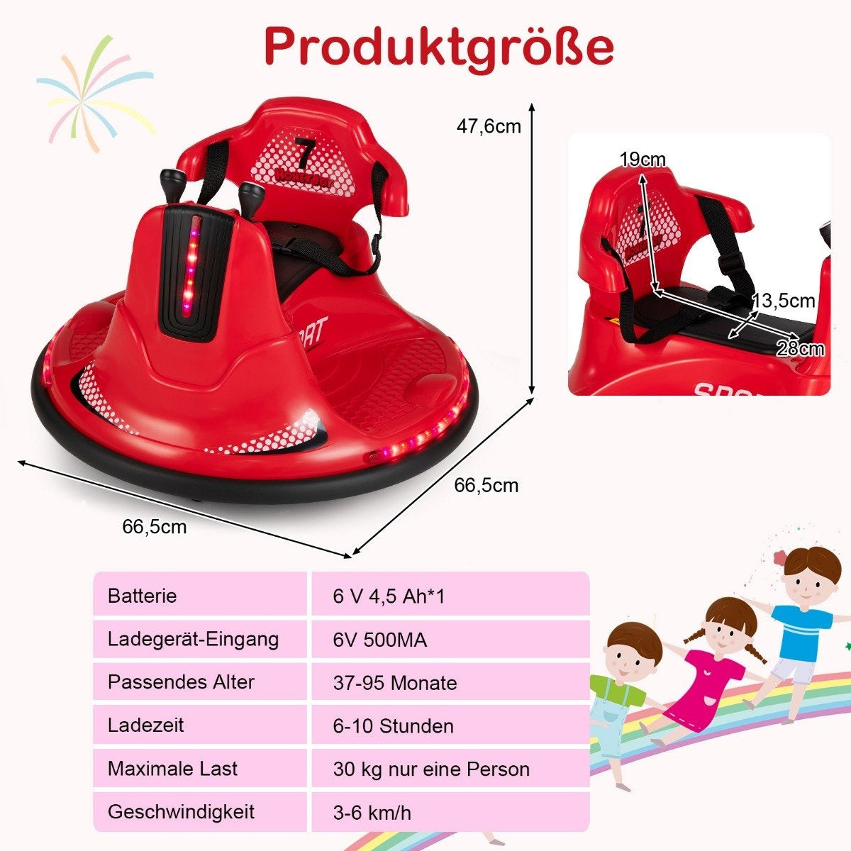 6V children's bumper car 360 degree rotation with music and colorful LED lights red