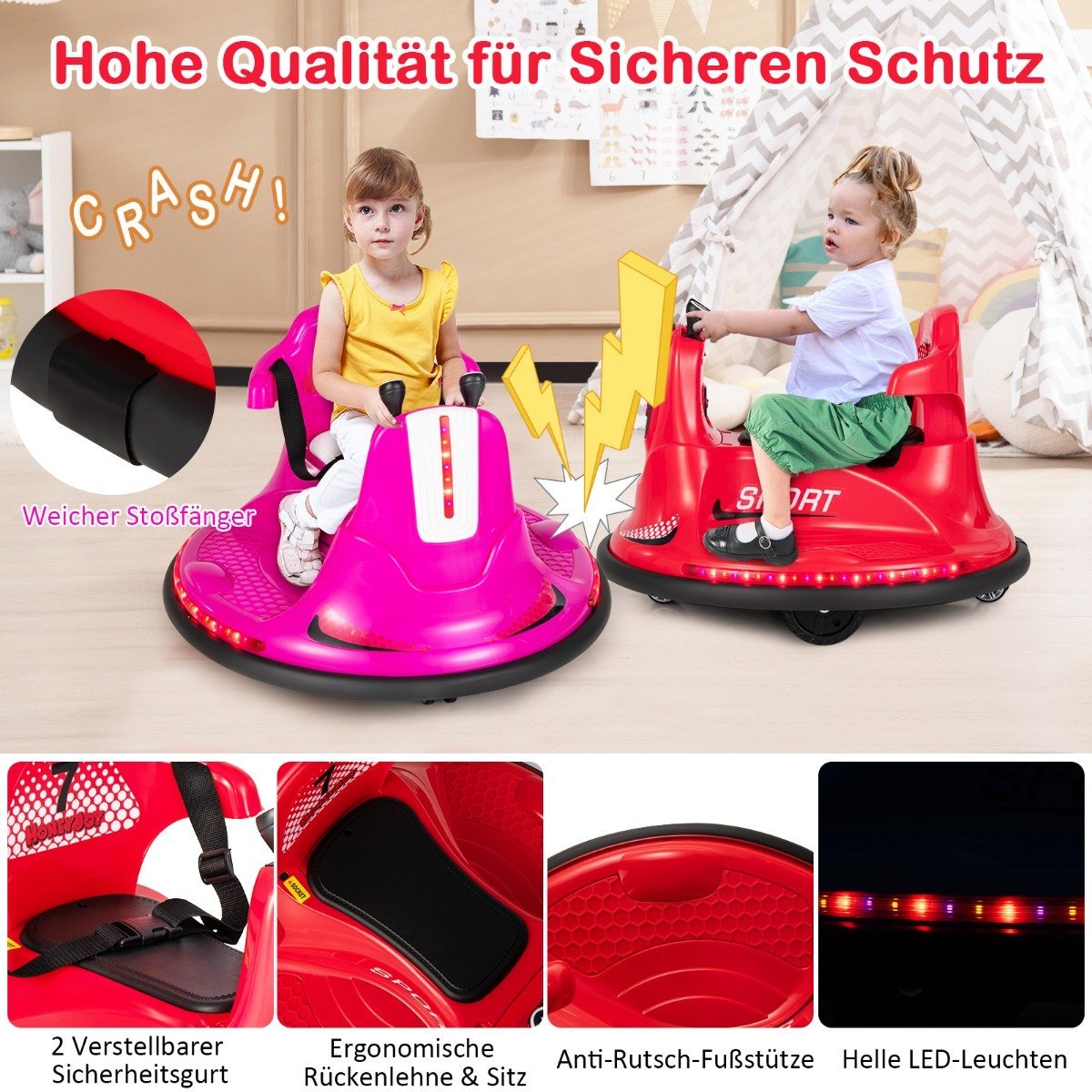 6V children's bumper car 360 degree rotation with music and colorful LED lights red