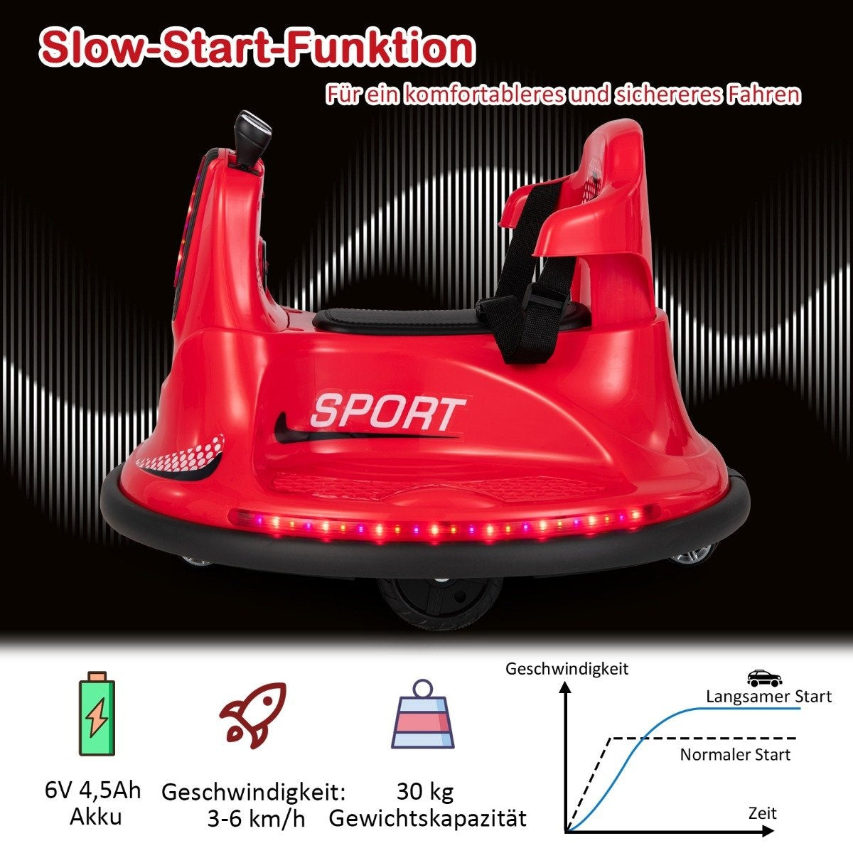 6V children's bumper car 360 degree rotation with music and colorful LED lights red