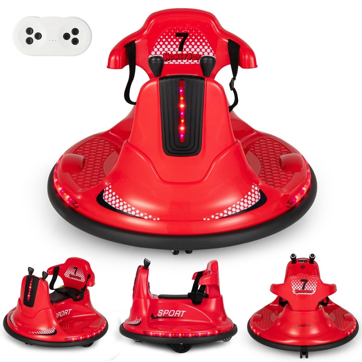 6V children's bumper car 360 degree rotation with music and colorful LED lights red
