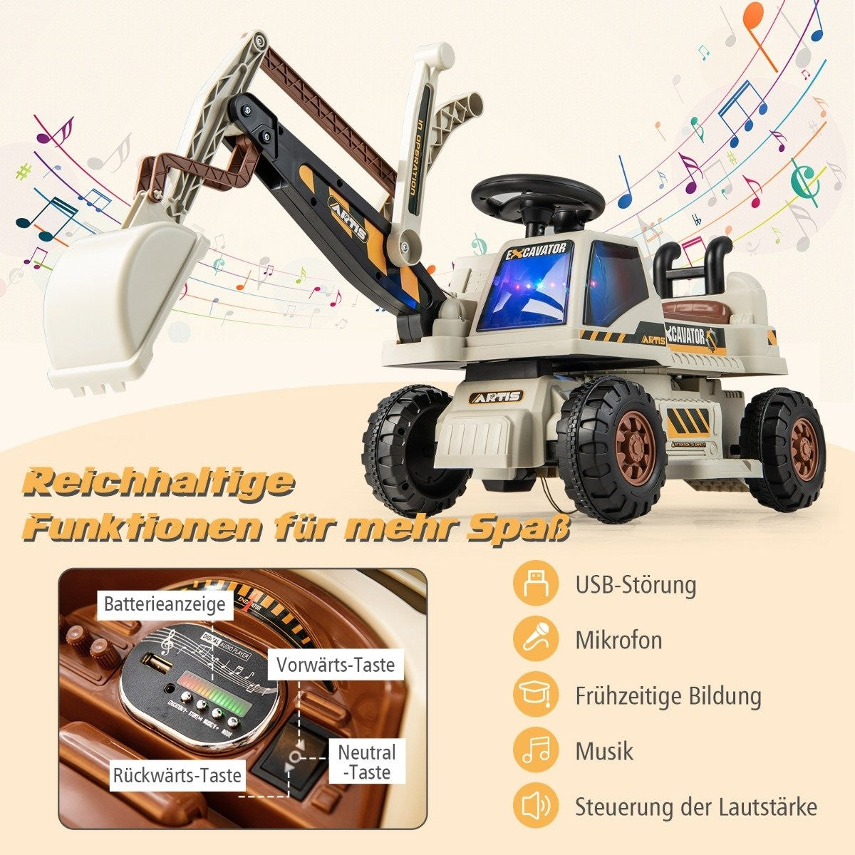 6V children's seat excavator with rotating & adjustable shovel & music black + gray