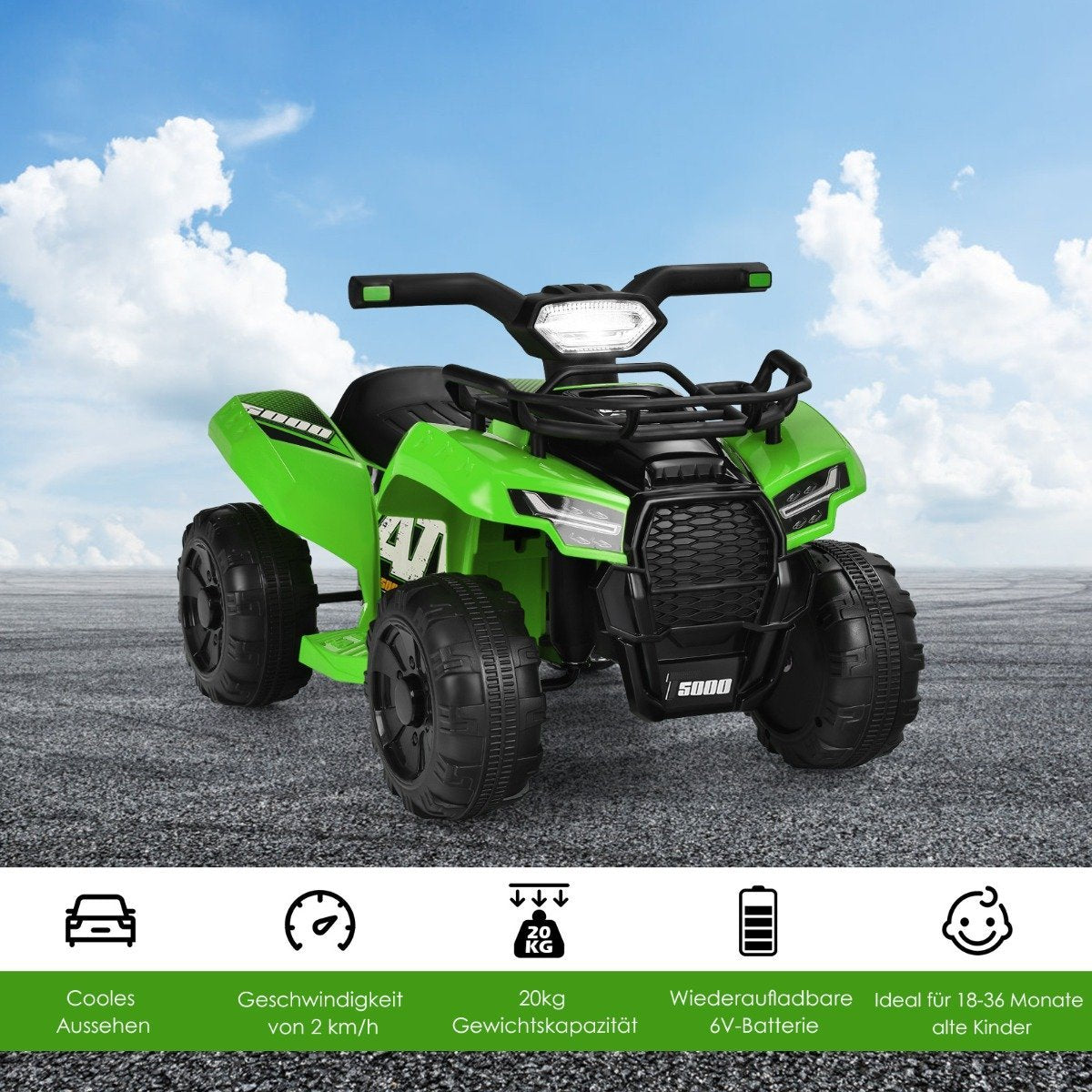 6V electric children's quad with storage space & music & horn & LED headlight mini electric quad green