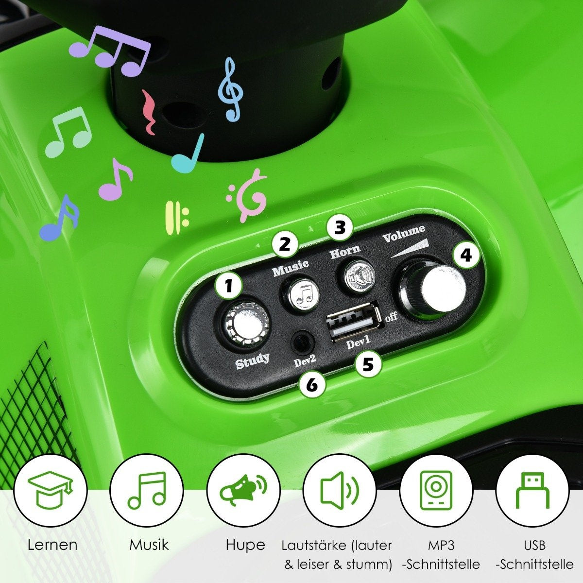 6V electric children's quad with storage space & music & horn & LED headlight mini electric quad green