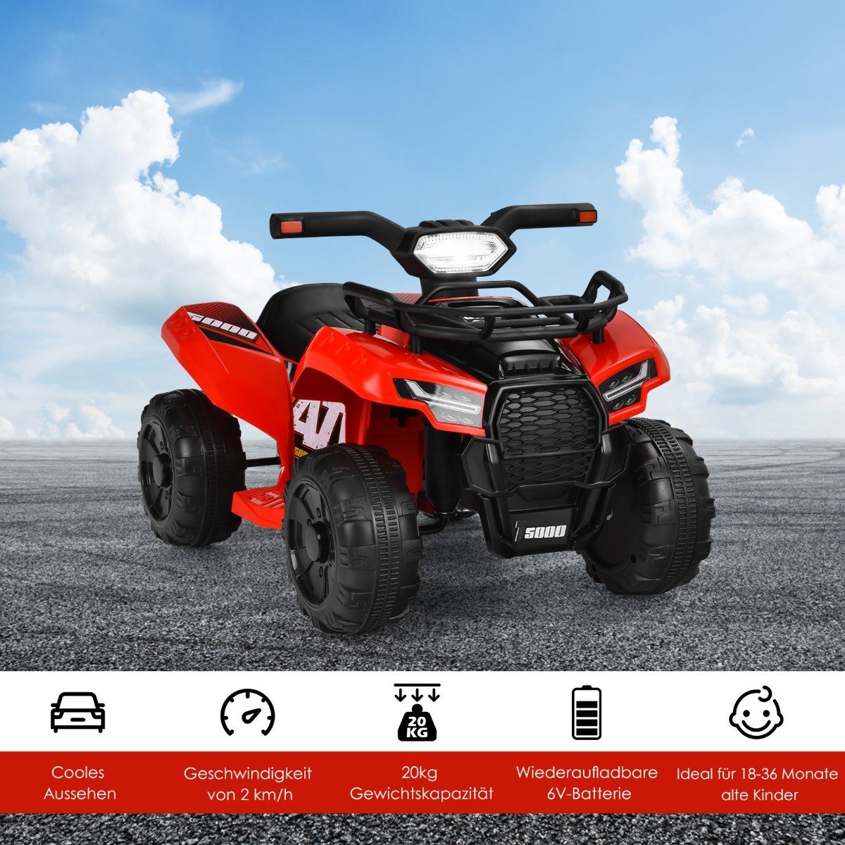 6V electric children's quad with storage space & music & horn & LED headlight mini electric quad red