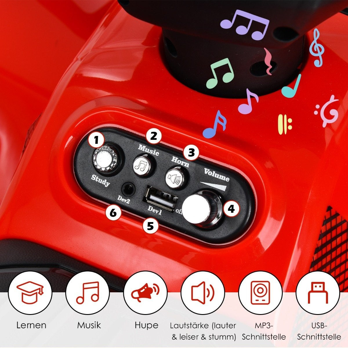 6V electric children's quad with storage space & music & horn & LED headlight mini electric quad red