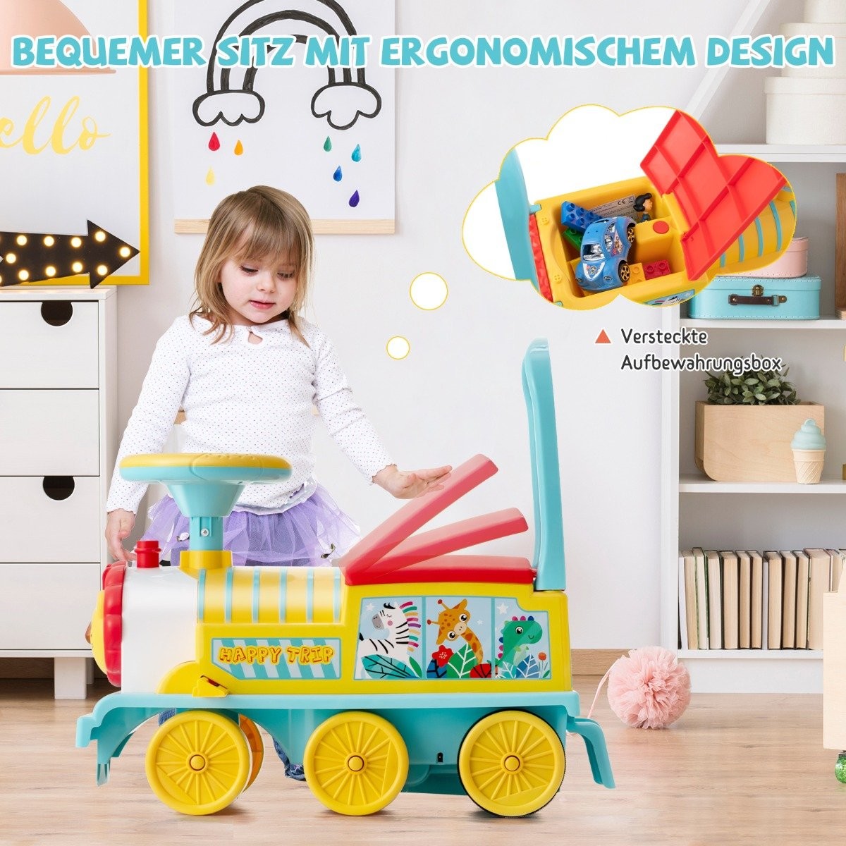 6V electric ride-on children's train with 16 rail pieces for children aged 3 and over. Blue